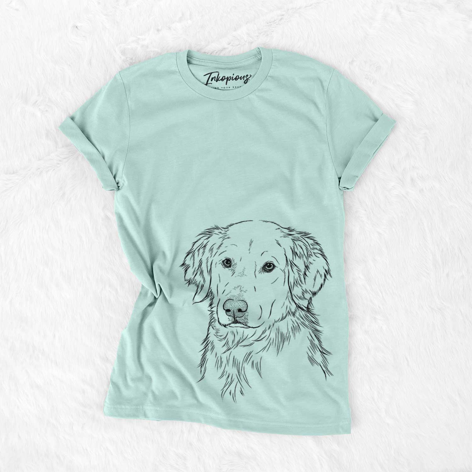 Hand-drawn sketch of Spencer the Golden Retriever on a Heather Sage Unisex crewneck