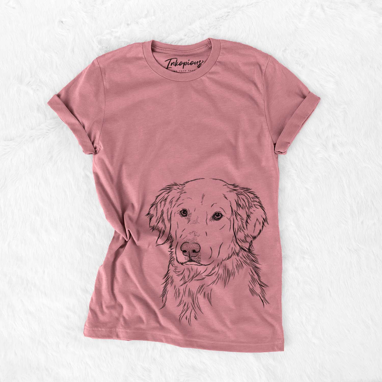 Hand-drawn sketch of Spencer the Golden Retriever on a Mauve Unisex crewneck