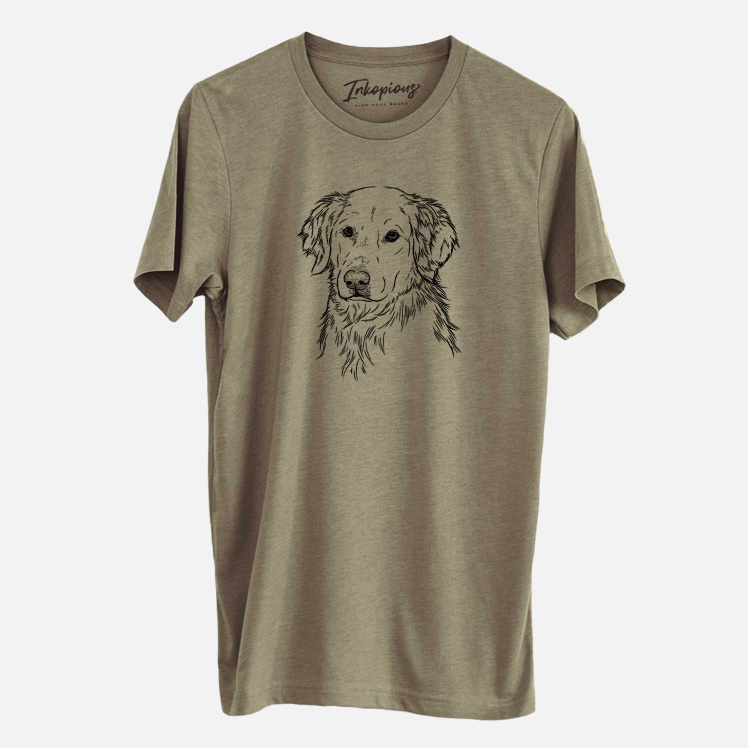 Hand-drawn sketch of Spencer the Golden Retriever on an Olive Unisex crewneck