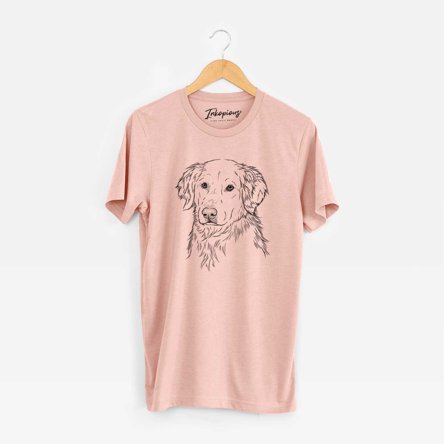 Hand-drawn sketch of Spencer the Golden Retriever on a Peach Unisex crewneck
