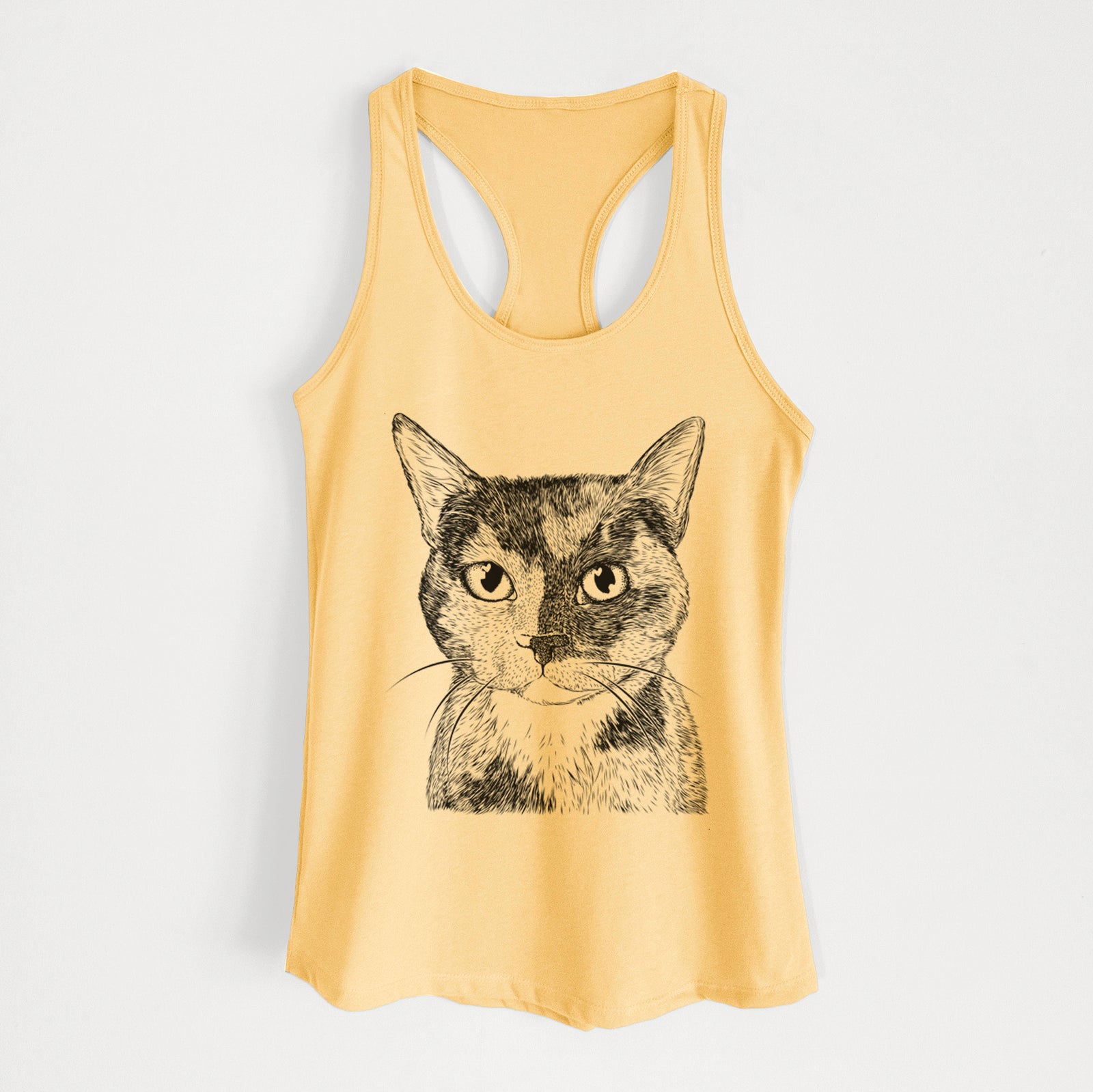 Hand-drawn sketch of Spooky Kitty the Tortoiseshell Cat on a Banana Cream Women's racerback tanktop