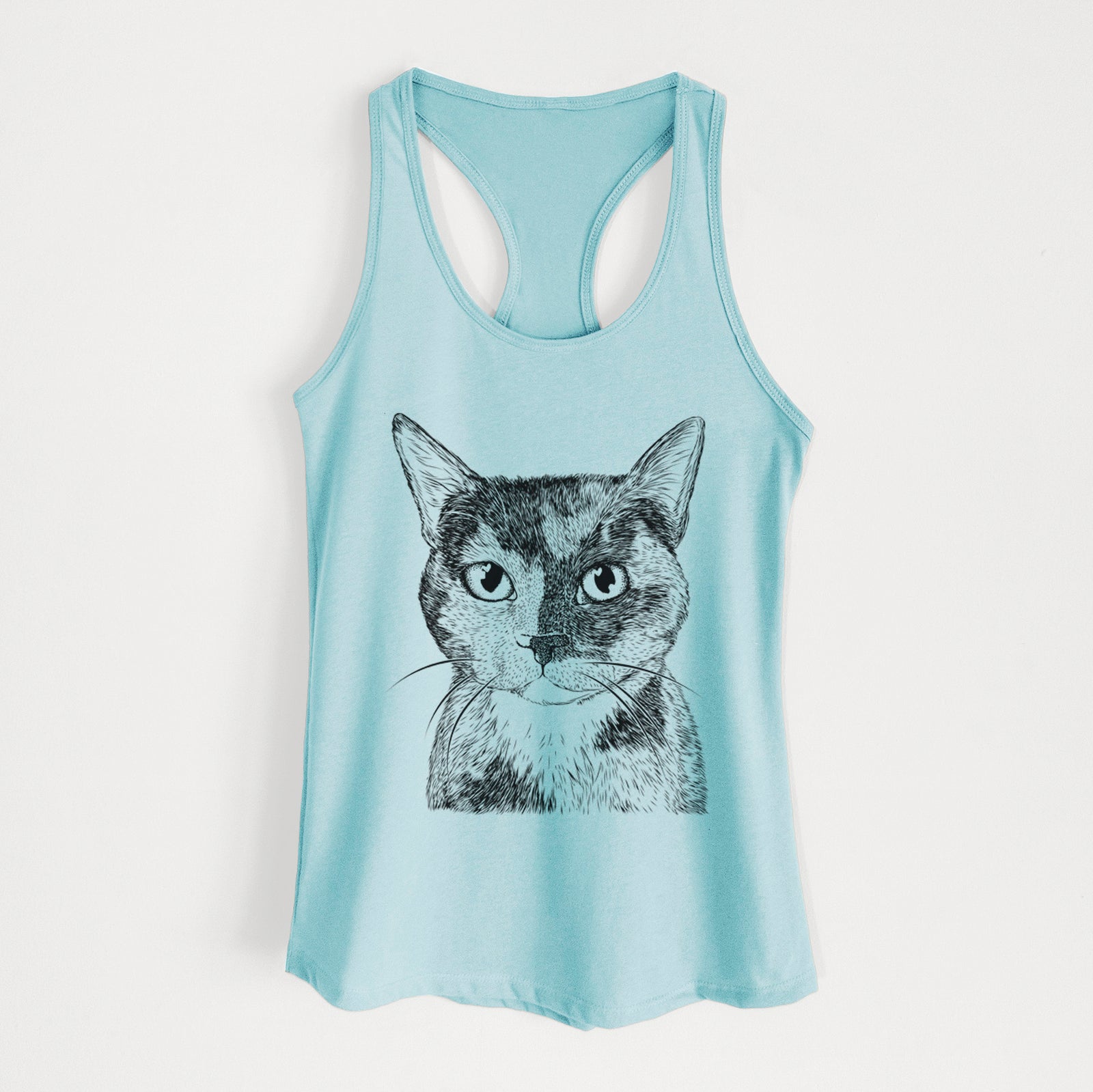 Hand-drawn sketch of Spooky Kitty the Tortoiseshell Cat on a Cancun Blue Women's racerback tanktop