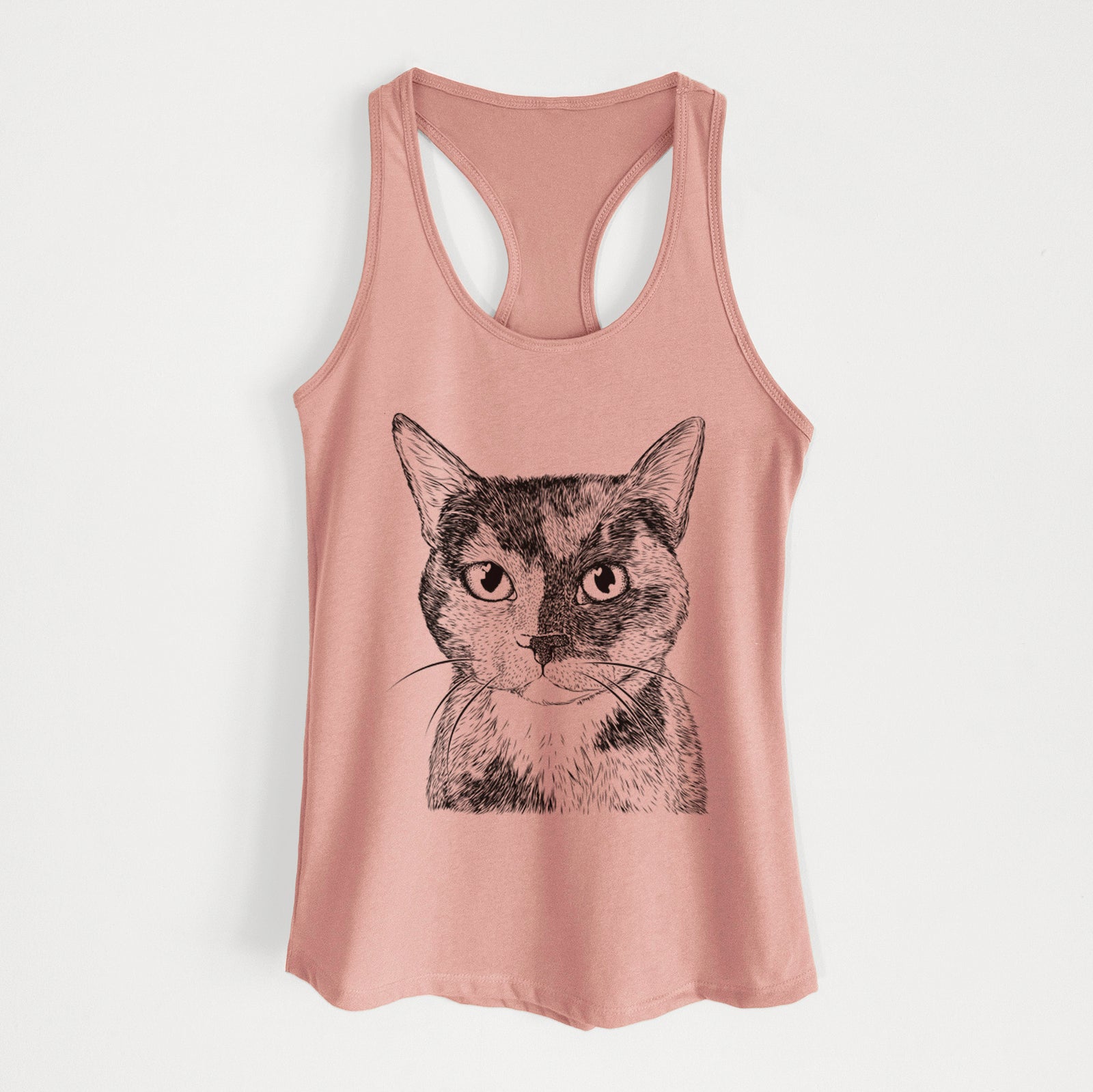 Hand-drawn sketch of Spooky Kitty the Tortoiseshell Cat on a Desert Pink Women's racerback tanktop