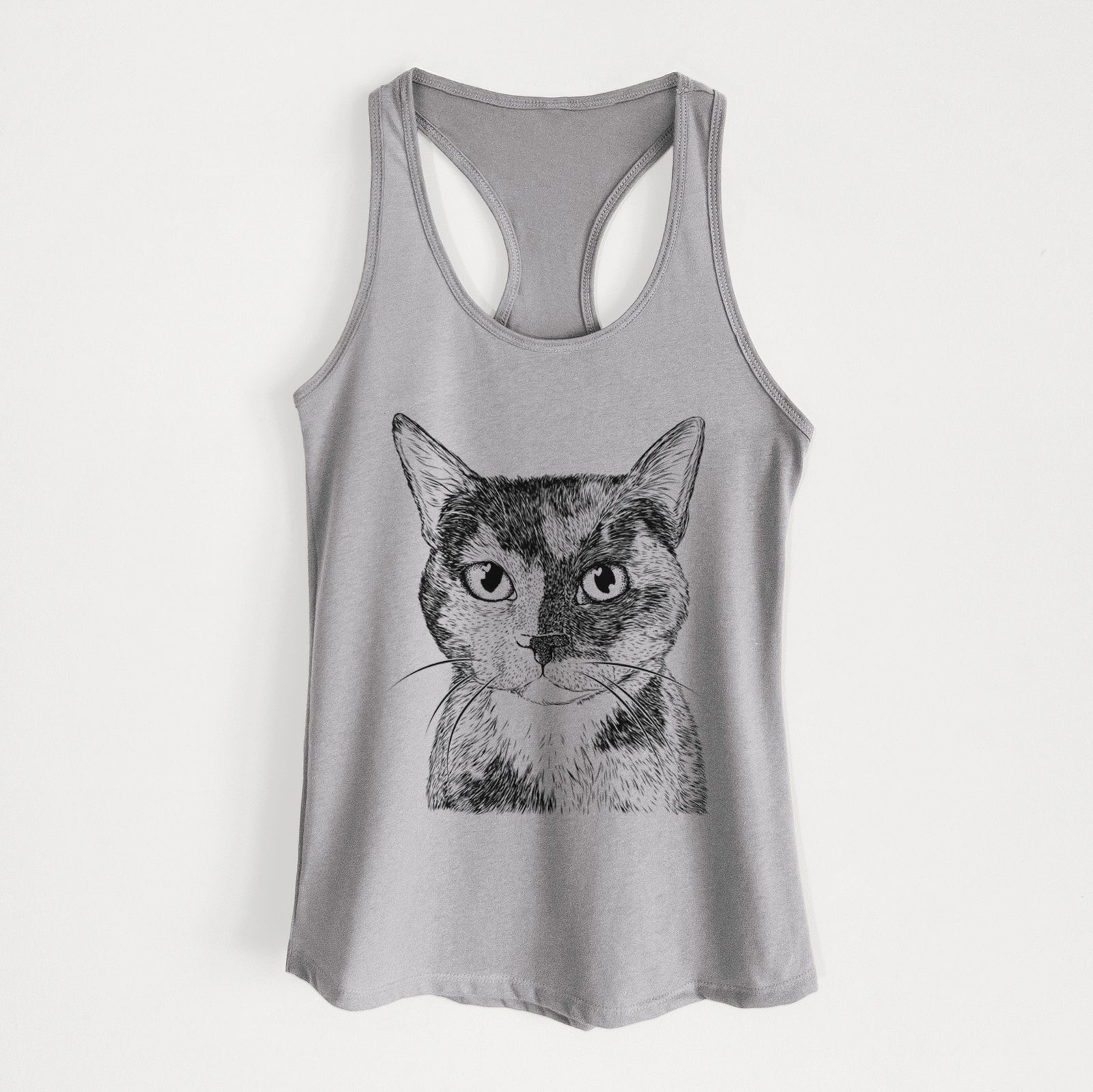 Hand-drawn sketch of Spooky Kitty the Tortoiseshell Cat on a Heather Grey Women's racerback tanktop