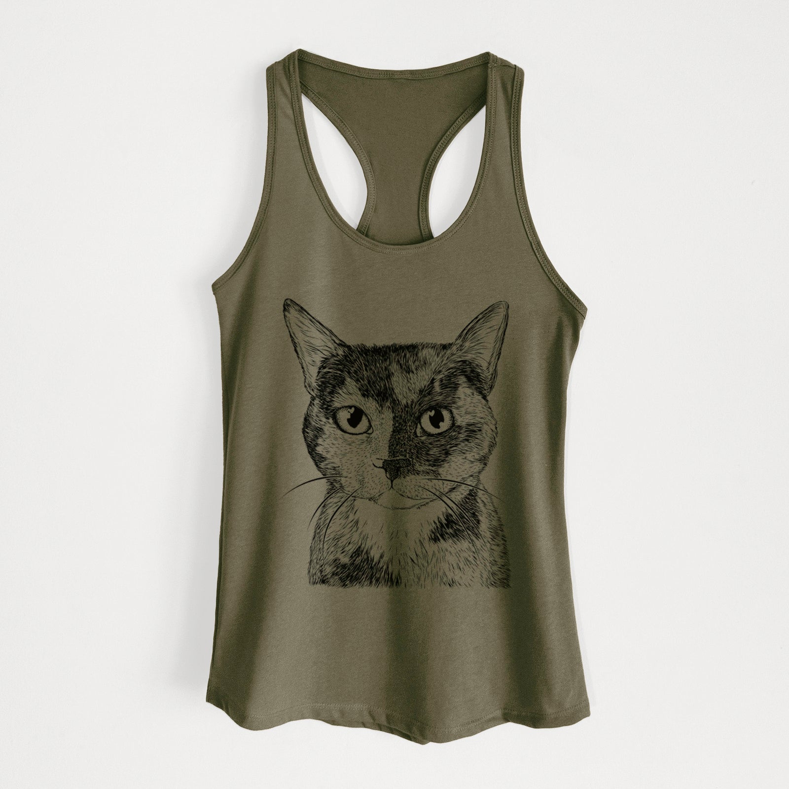 Hand-drawn sketch of Spooky Kitty the Tortoiseshell Cat on a Military Green Women's racerback tanktop