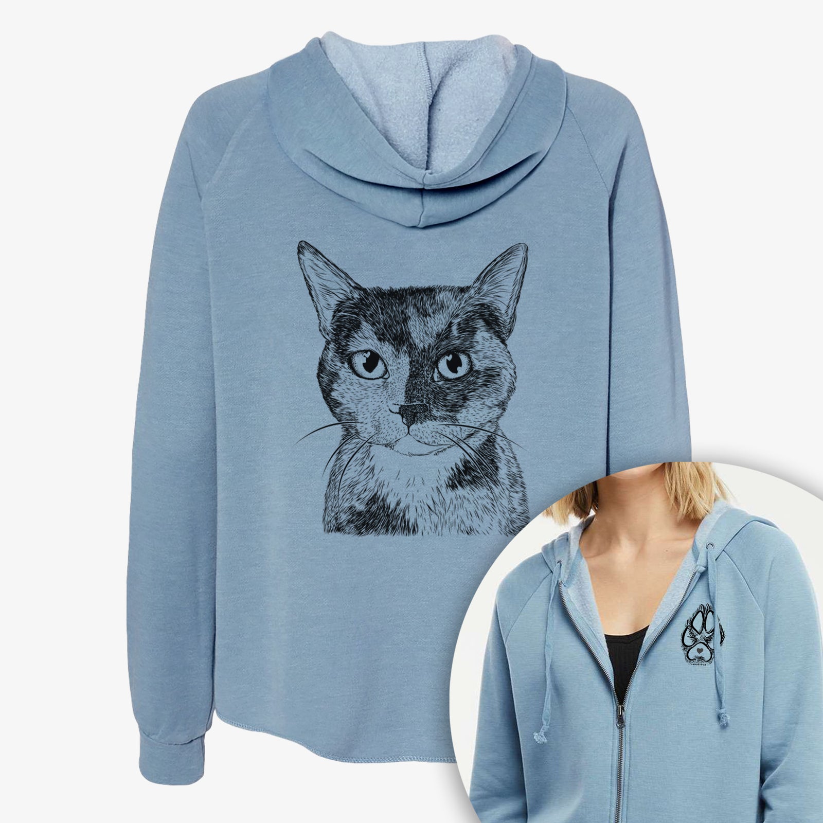 Hand-drawn sketch of Spooky Kitty the Tortoiseshell Cat on a Women's cali wave zip-up sweatshirt, shown with icons of the other available costume styles