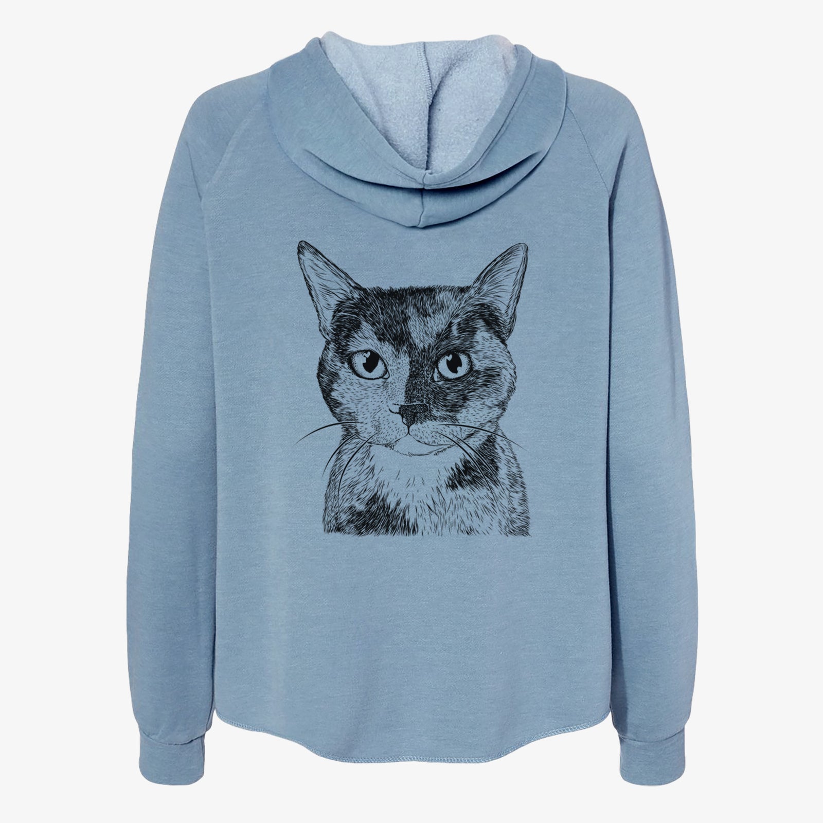 Hand-drawn sketch of Spooky Kitty the Tortoiseshell Cat on a Misty Blue Women's cali wave zip-up sweatshirt