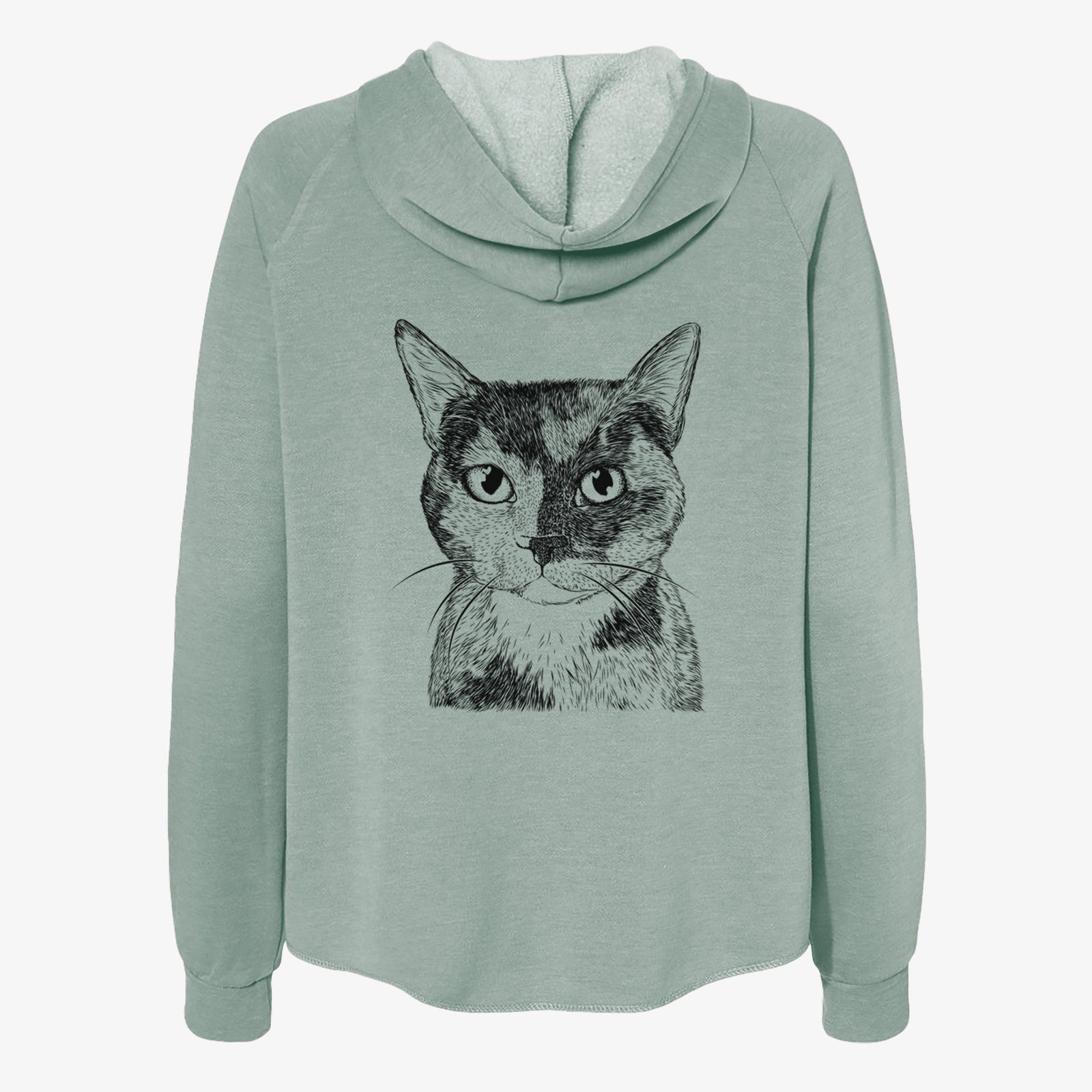 Hand-drawn sketch of Spooky Kitty the Tortoiseshell Cat on a Sage Women's cali wave zip-up sweatshirt