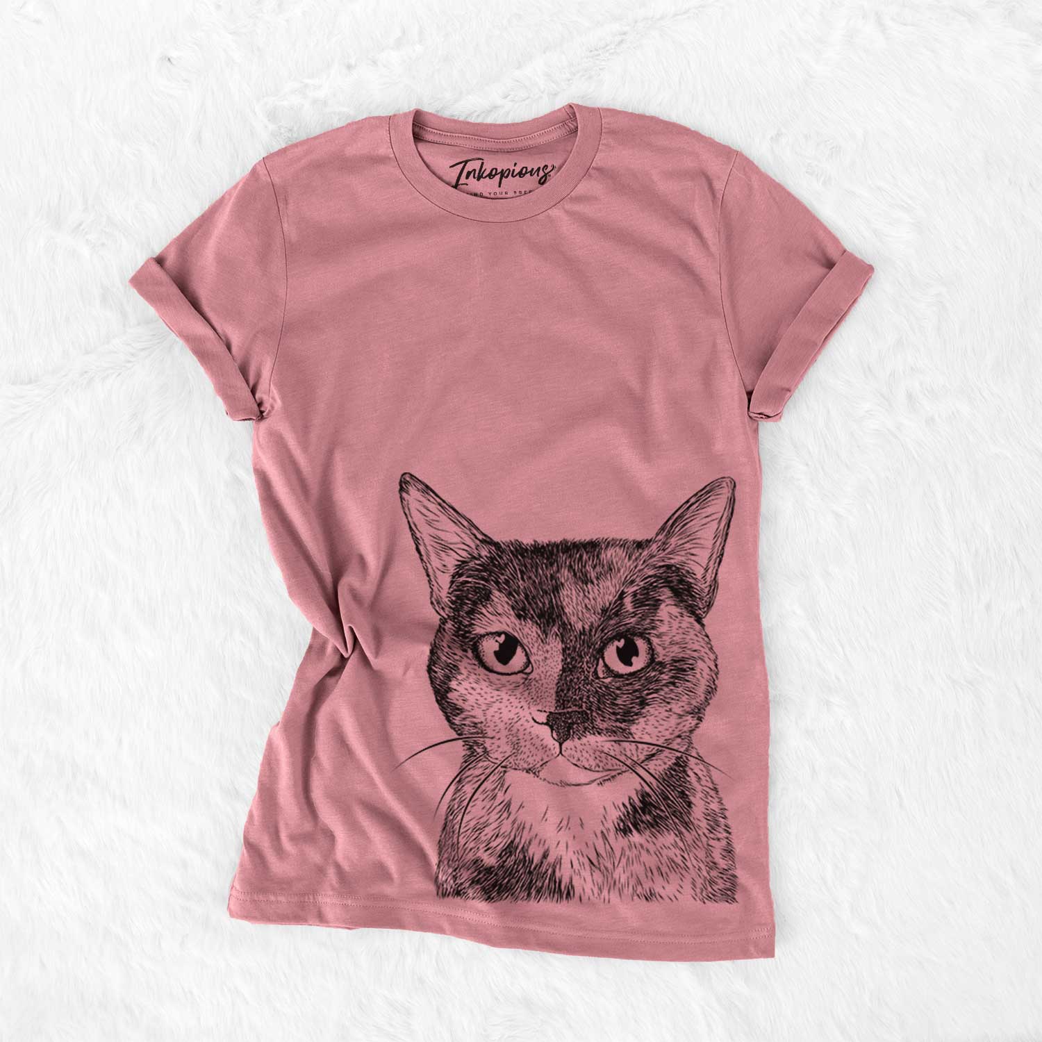 Hand-drawn sketch of Spooky Kitty the Tortoiseshell Cat on a Mauve Bella Canvas Unisex Crewneck