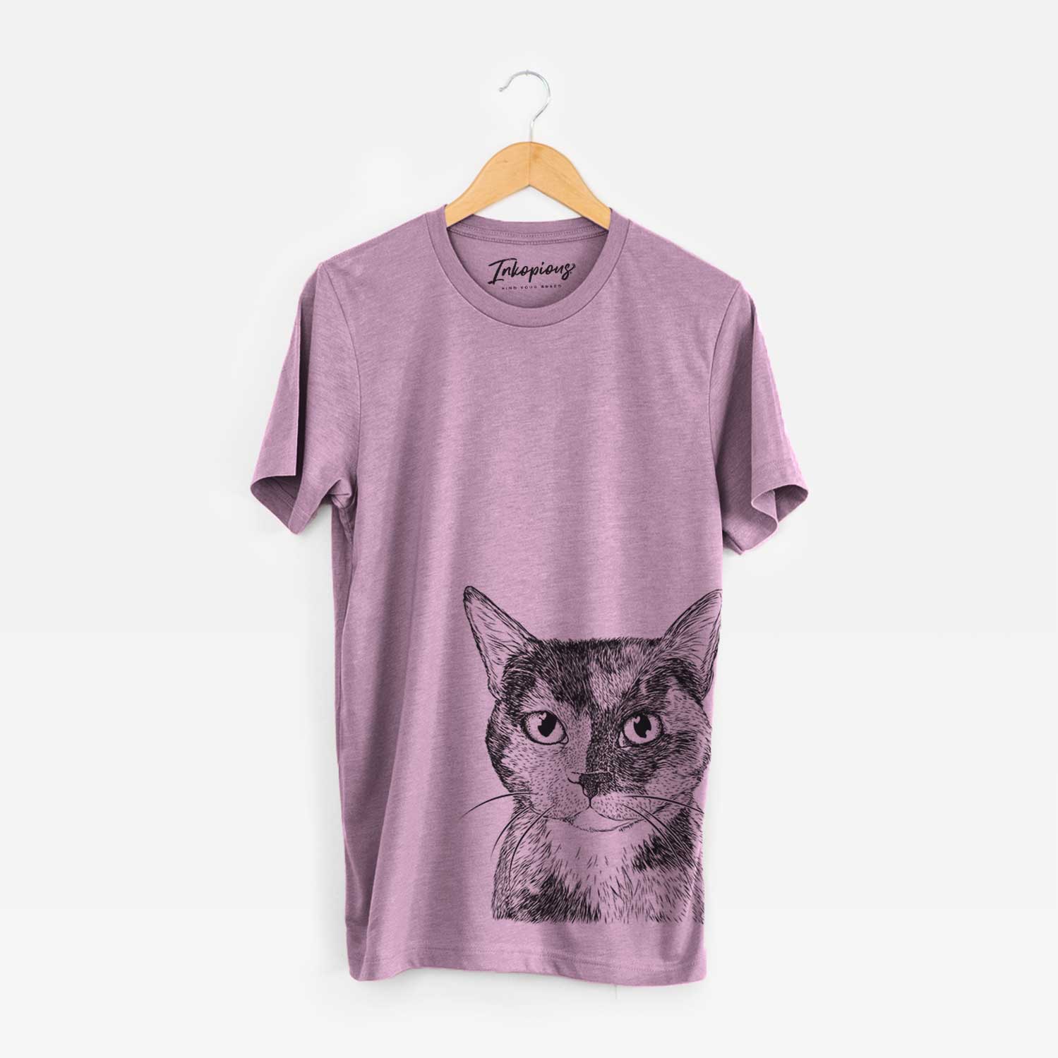 Hand-drawn sketch of Spooky Kitty the Tortoiseshell Cat on an Orchid Bella Canvas Unisex Crewneck