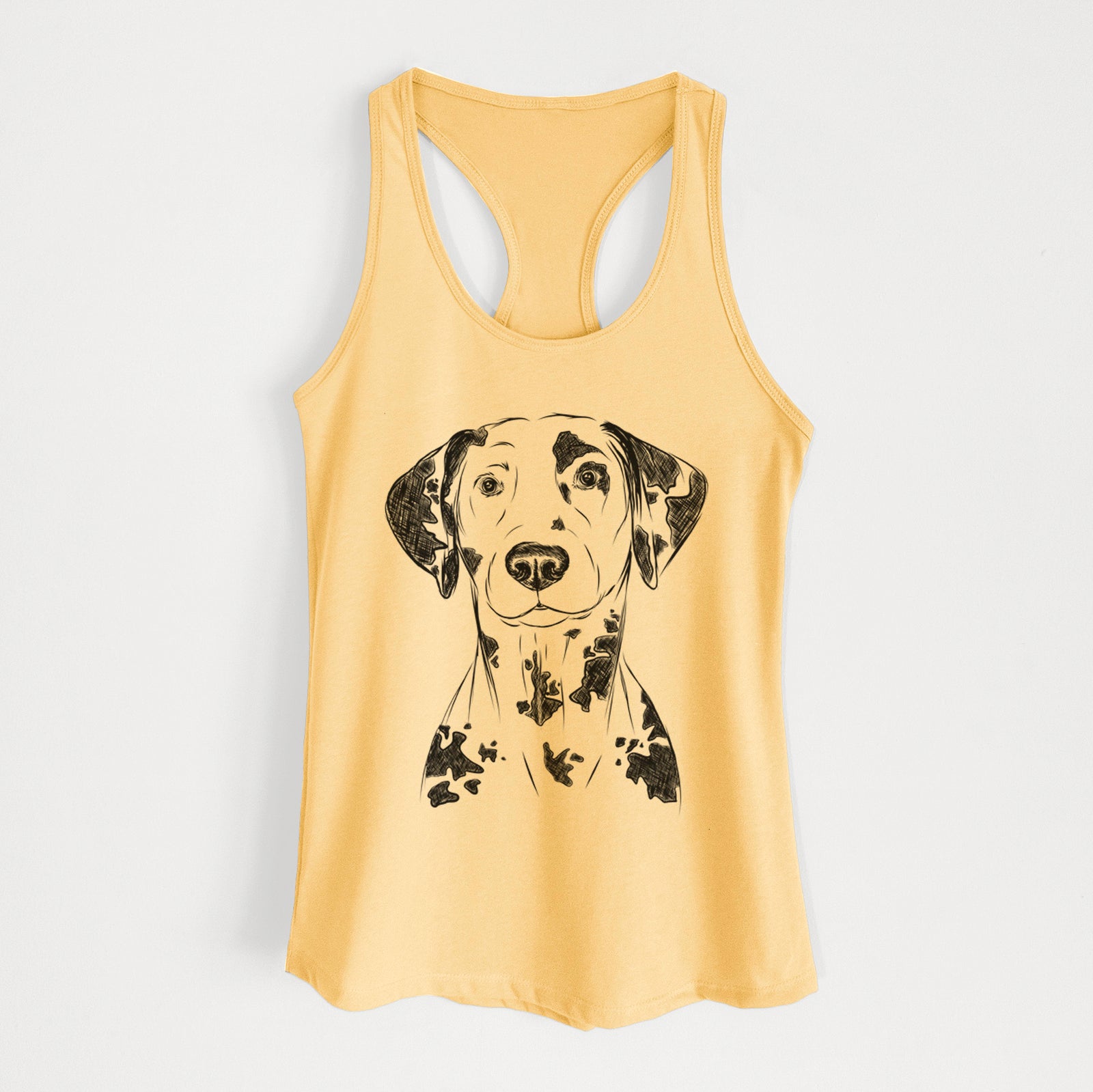 Hand-drawn sketch of Spot the Dalmatian on a Banana Cream Women's racerback tanktop