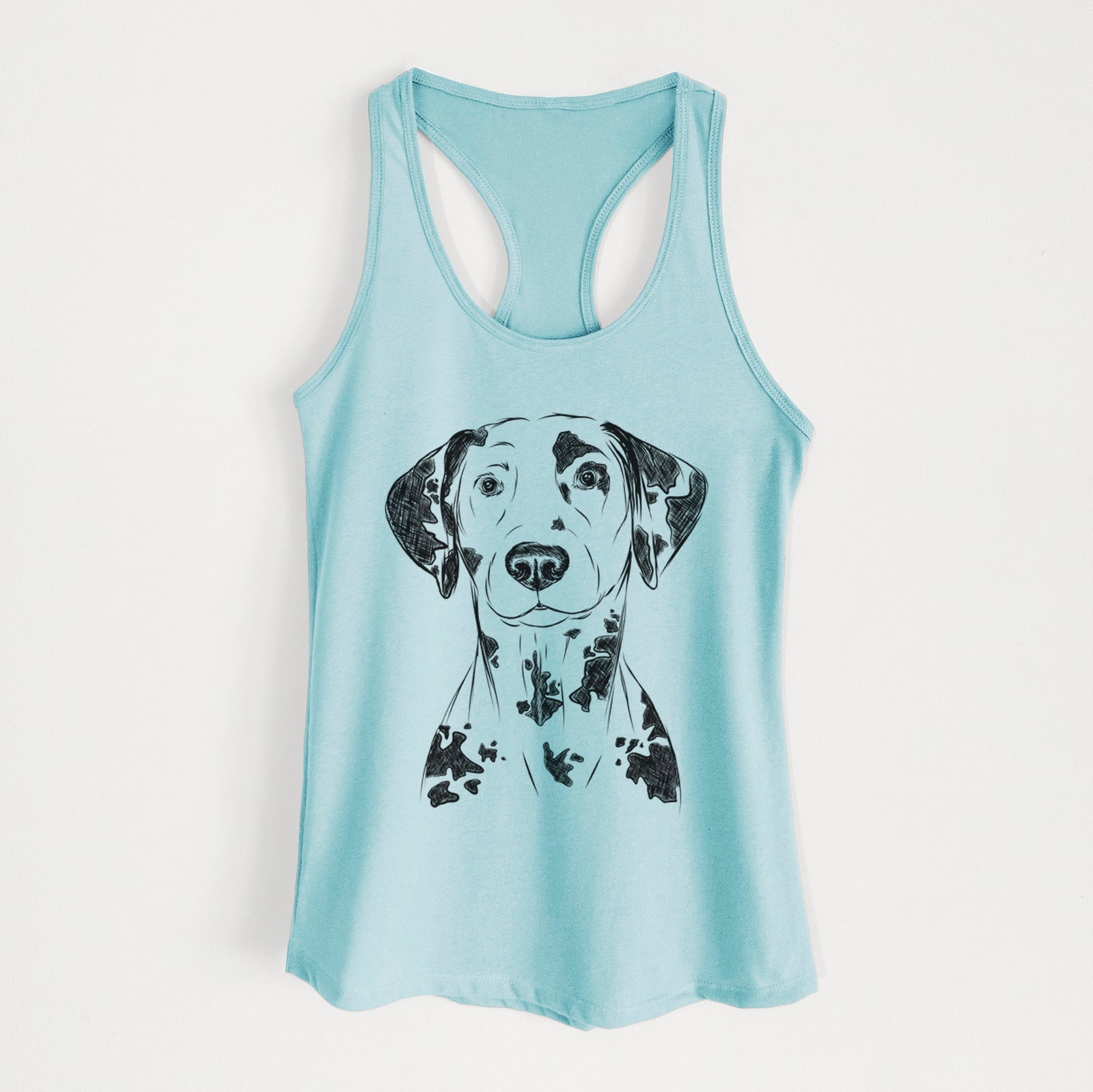 Hand-drawn sketch of Spot the Dalmatian on a Cancun Blue Women's racerback tanktop