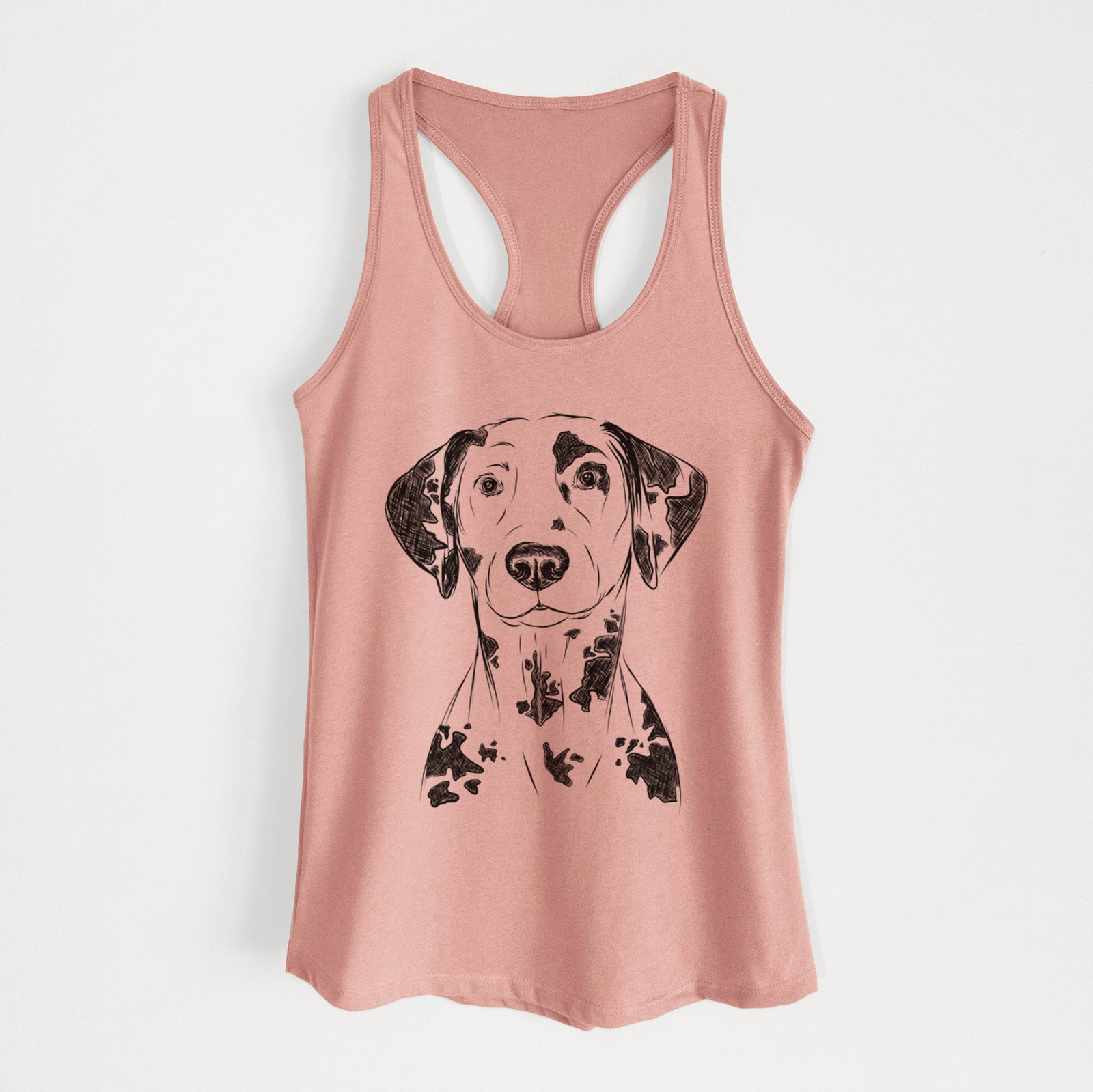 Hand-drawn sketch of Spot the Dalmatian on a Desert Pink Women's racerback tanktop