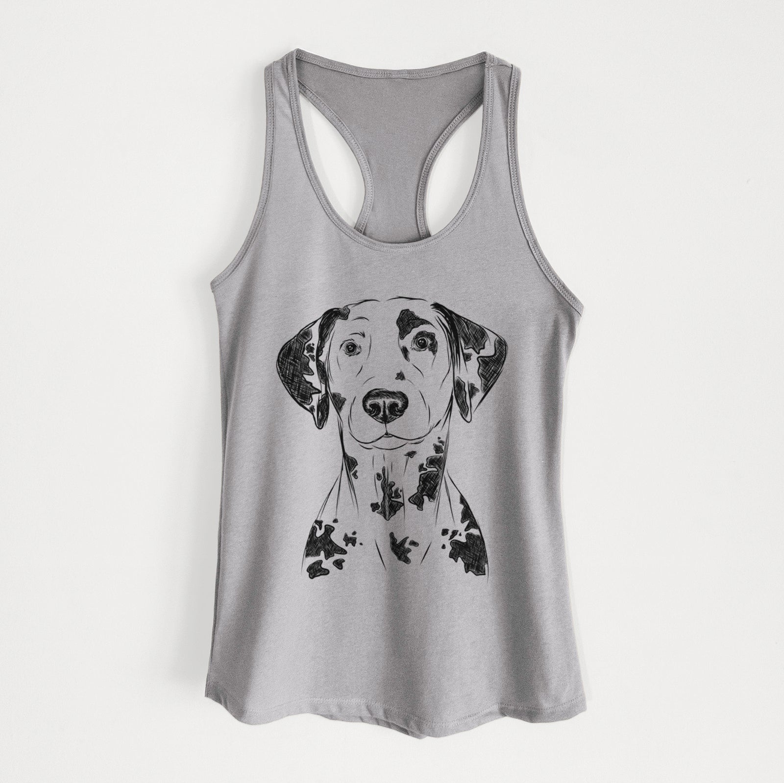 Hand-drawn sketch of Spot the Dalmatian on a Heather Grey Women's racerback tanktop