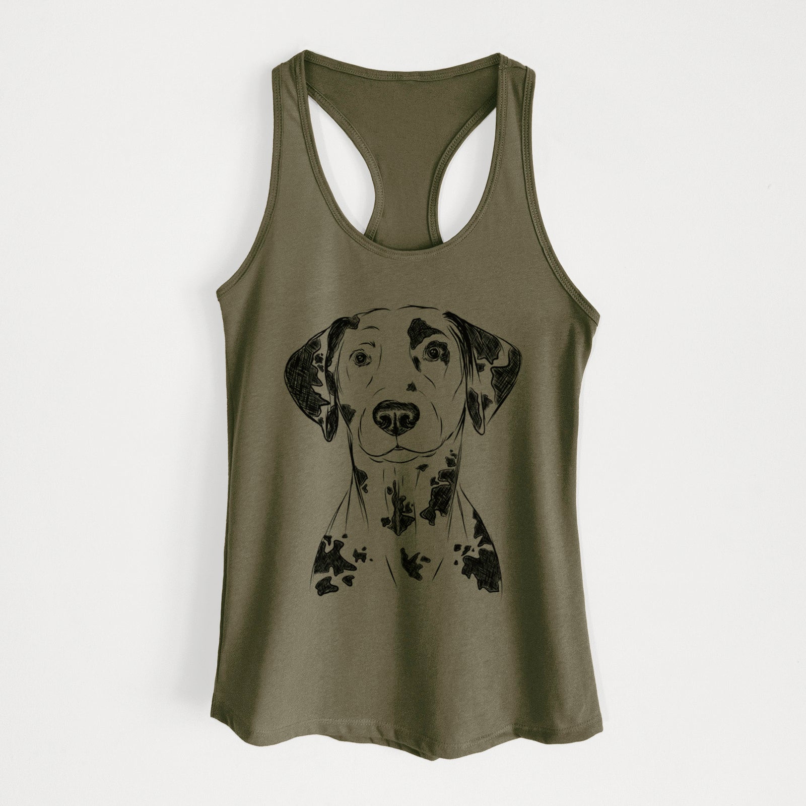 Hand-drawn sketch of Spot the Dalmatian on a Military Green Women's racerback tanktop