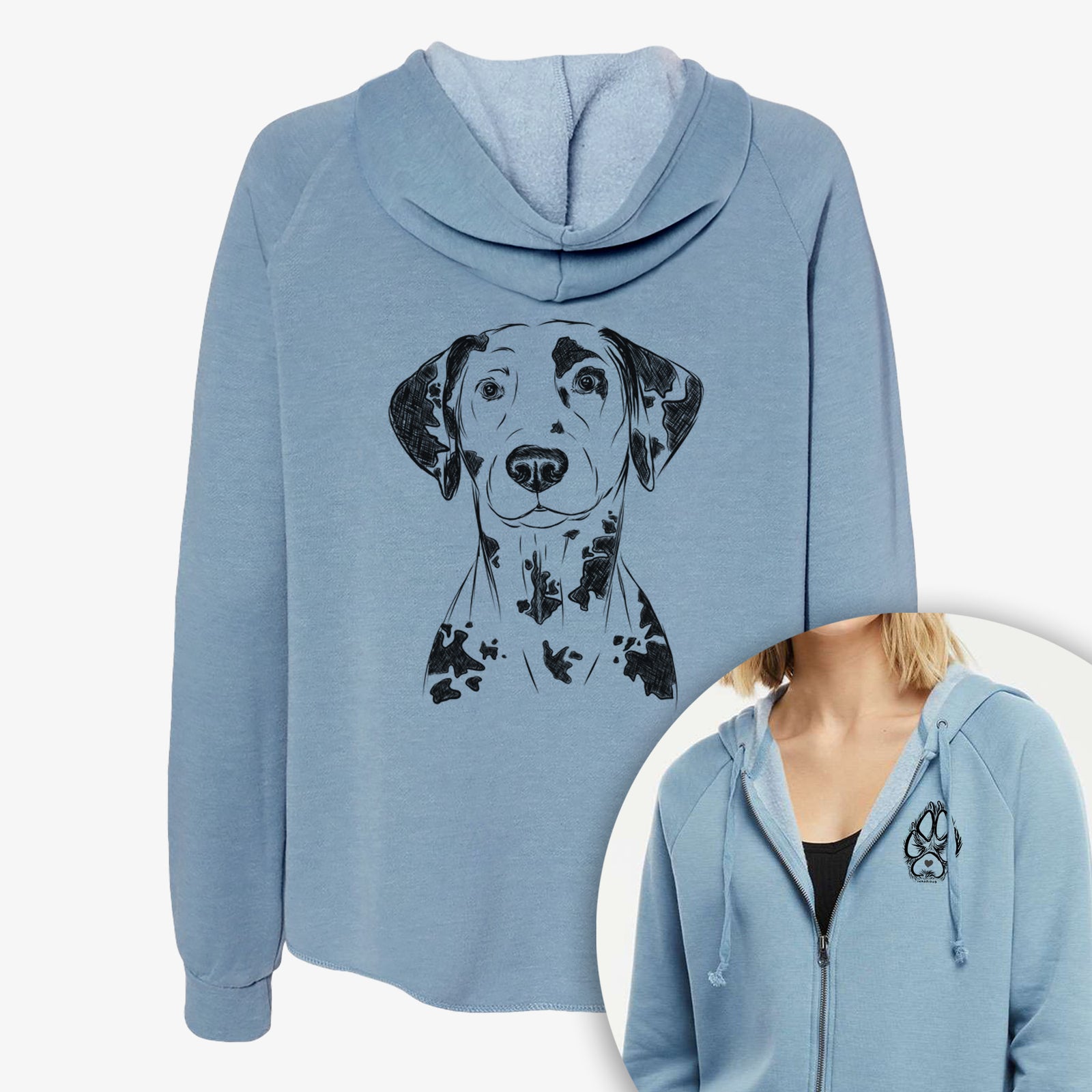 Hand-drawn sketch of Spot the Dalmatian on a Women's cali wave zip-up sweatshirt, shown with icons of the other available costume styles