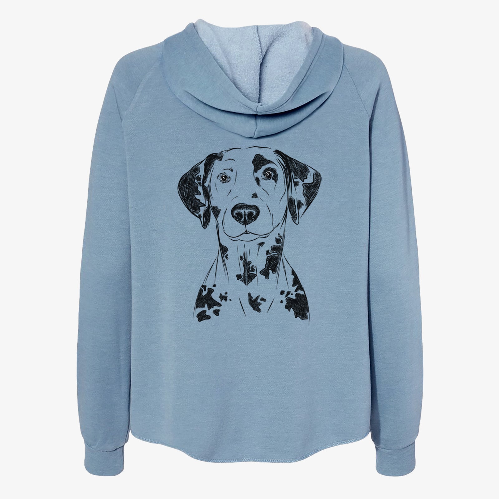 Hand-drawn sketch of Spot the Dalmatian on a Misty Blue Women's cali wave zip-up sweatshirt