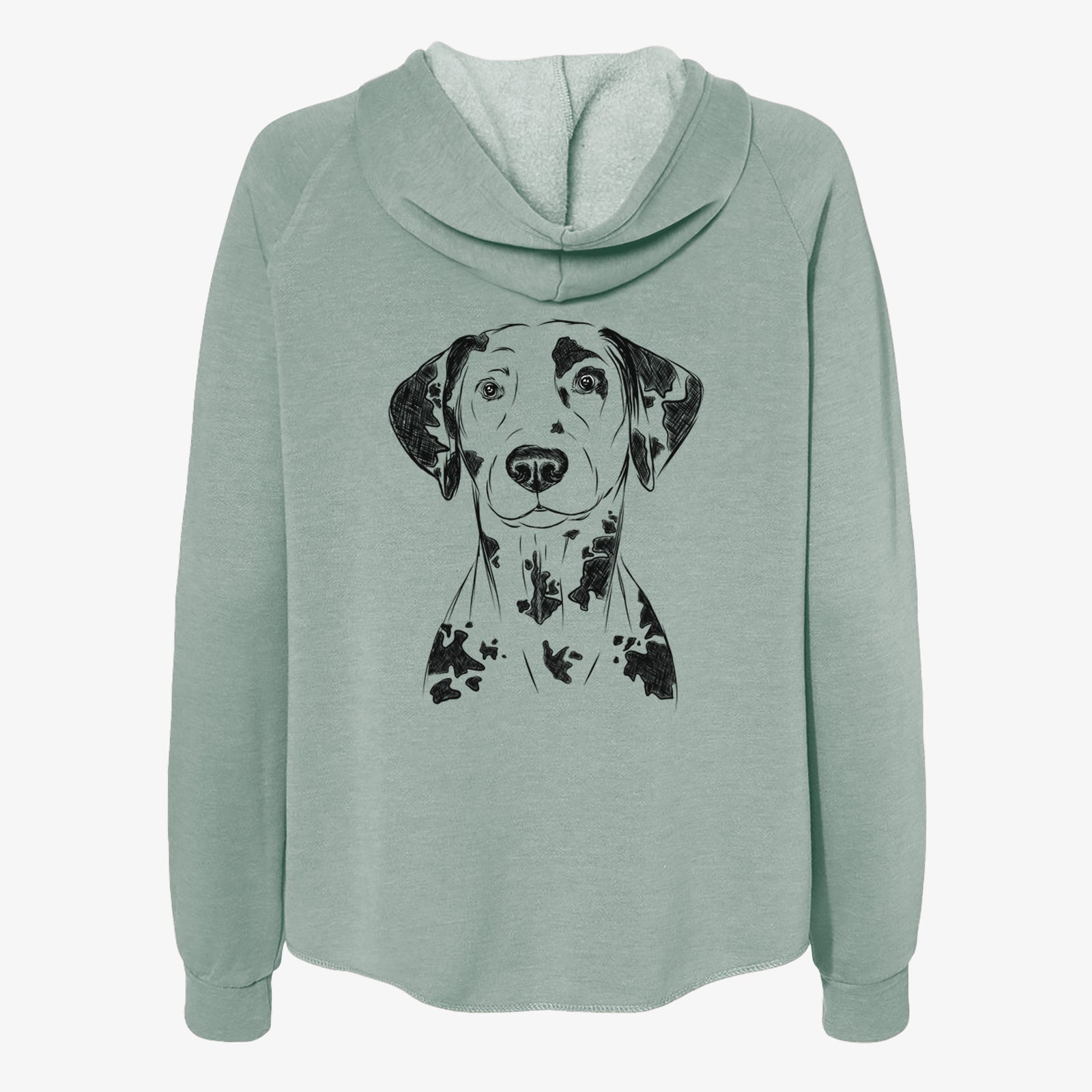 Hand-drawn sketch of Spot the Dalmatian on a Sage Women's cali wave zip-up sweatshirt