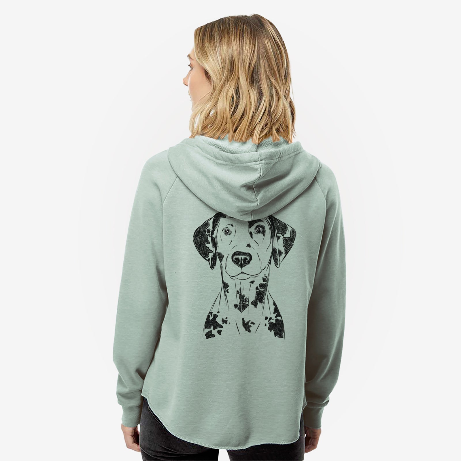 Hand-drawn sketch of Spot the Dalmatian on a Sage Women's cali wave zip-up sweatshirt