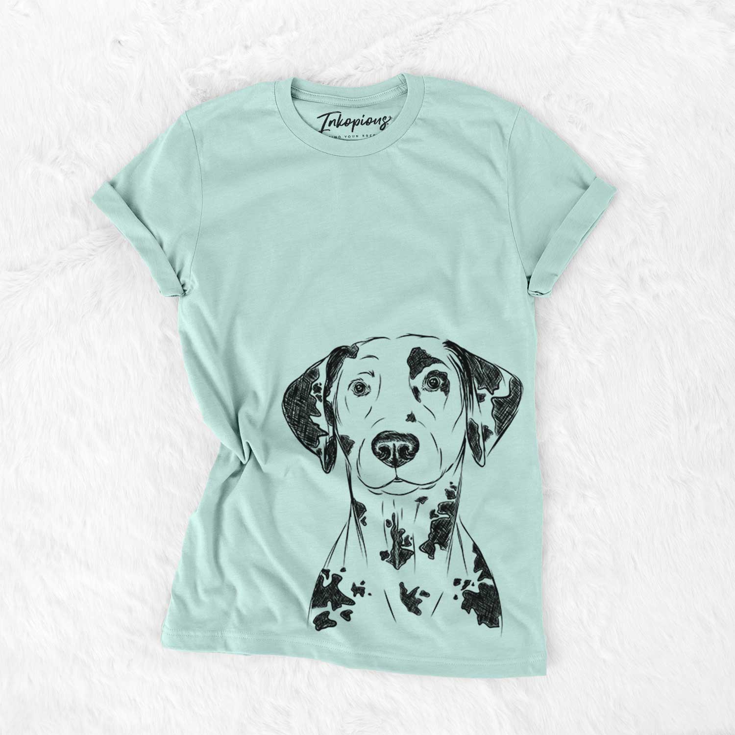 Hand-drawn sketch of Spot the Dalmatian on a Heather Sage Bella Canvas Unisex Crewneck
