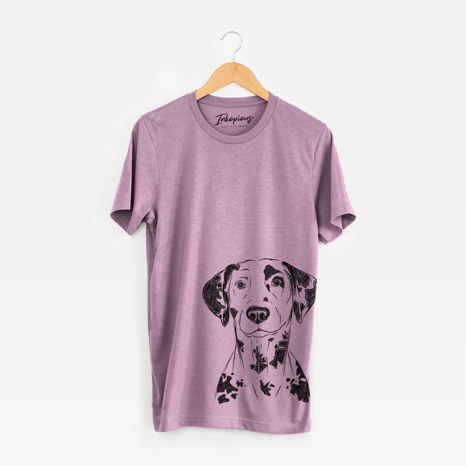 Hand-drawn sketch of Spot the Dalmatian on an Orchid Bella Canvas Unisex Crewneck