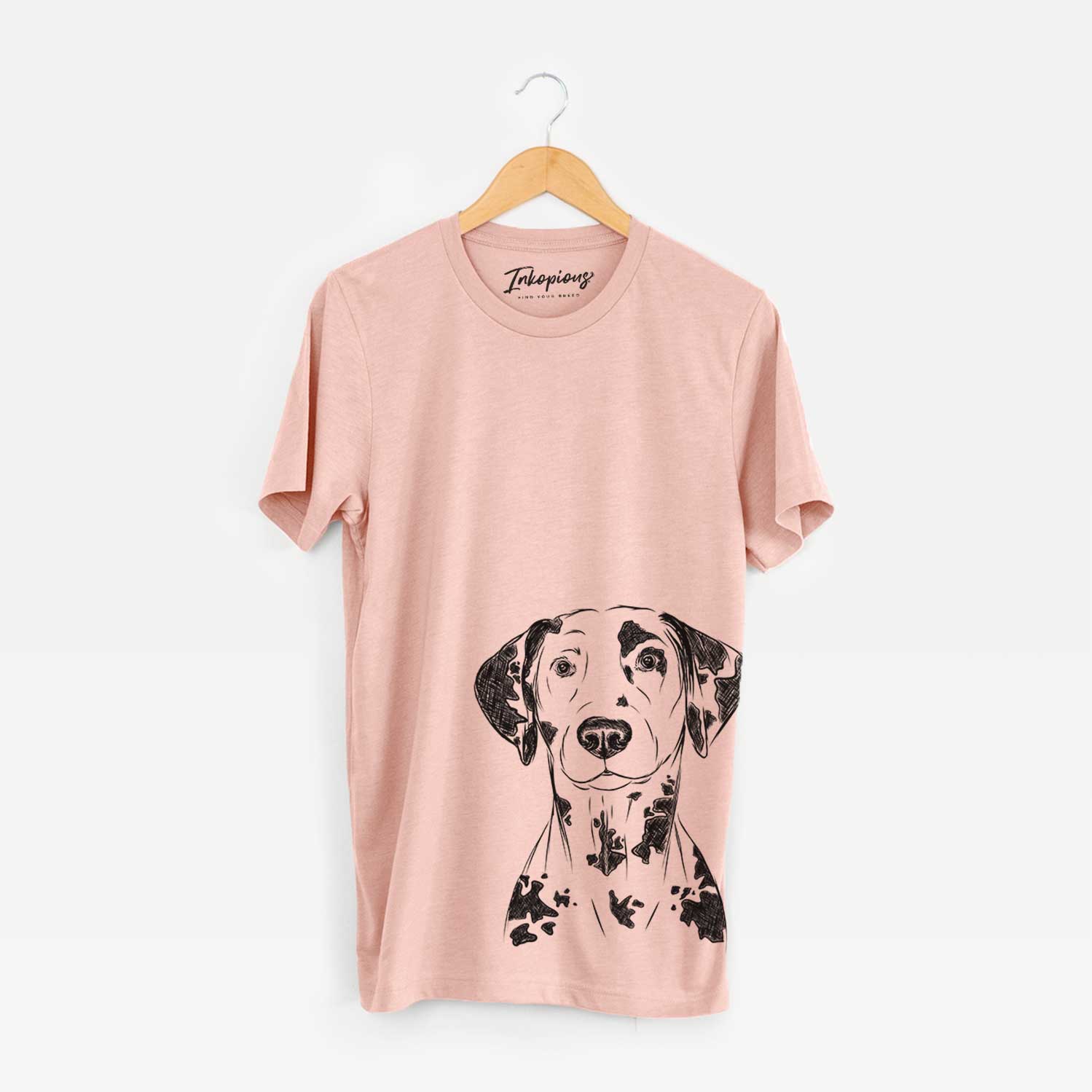 Hand-drawn sketch of Spot the Dalmatian on a Peach Bella Canvas Unisex Crewneck