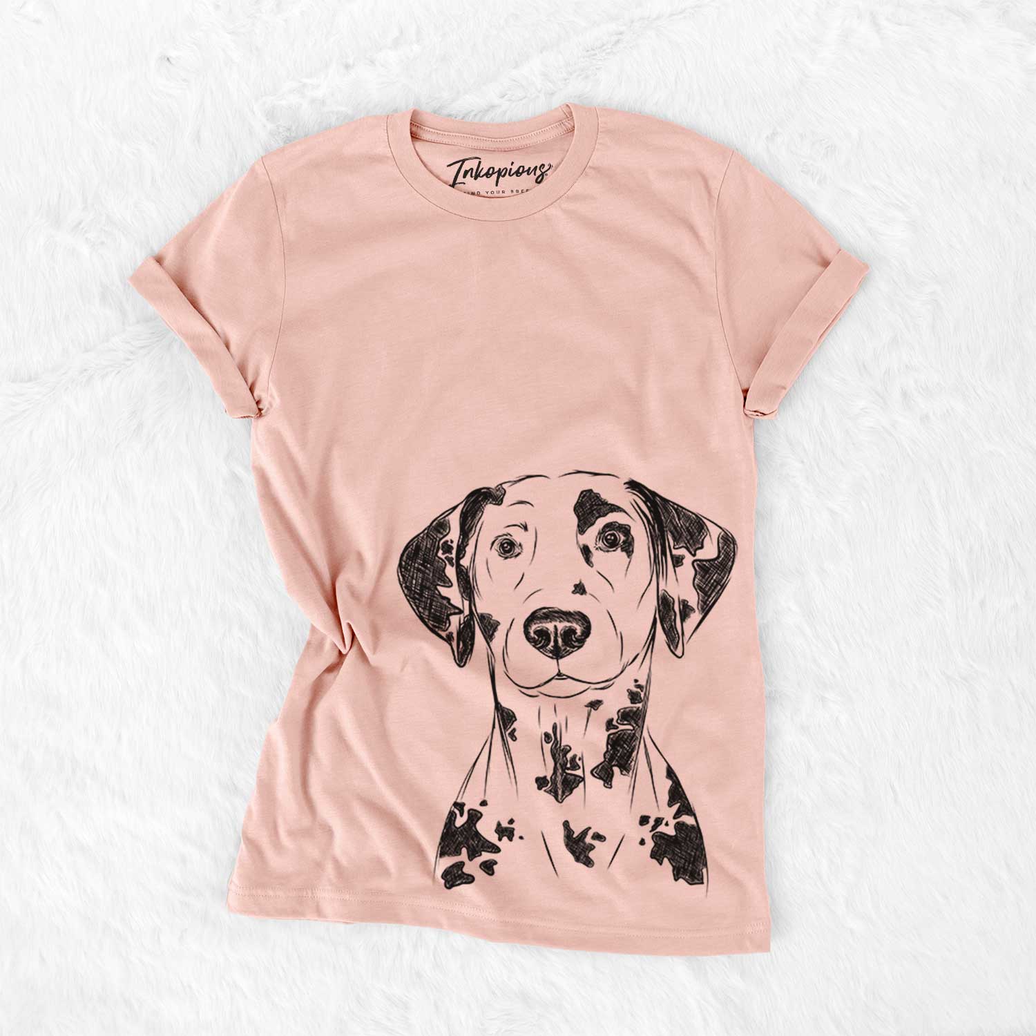 Hand-drawn sketch of Spot the Dalmatian on a Peach Bella Canvas Unisex Crewneck
