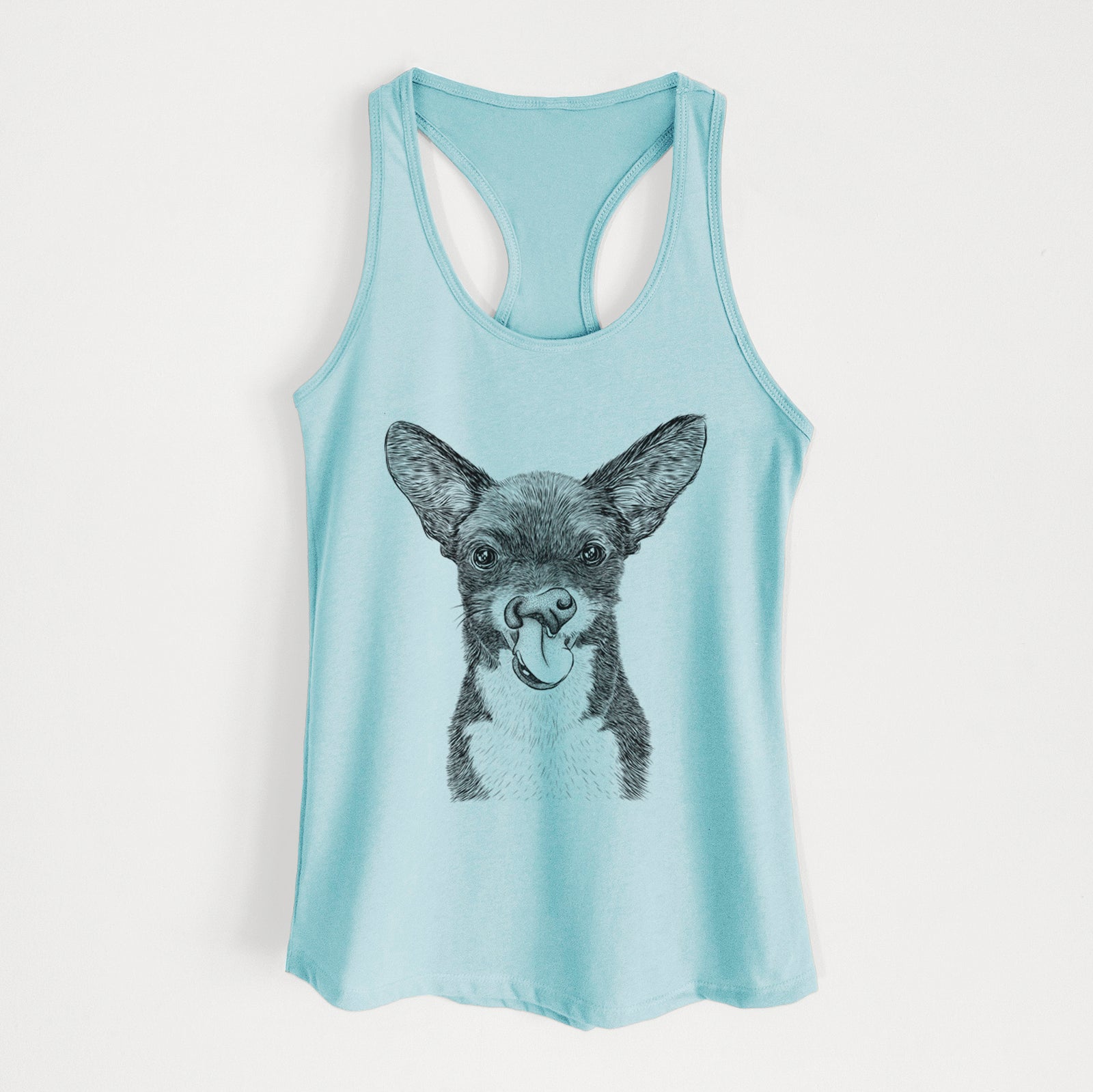 Hand-drawn sketch of Sprout the Chihuahua Mix on a Cancun Blue Women's racerback tanktop