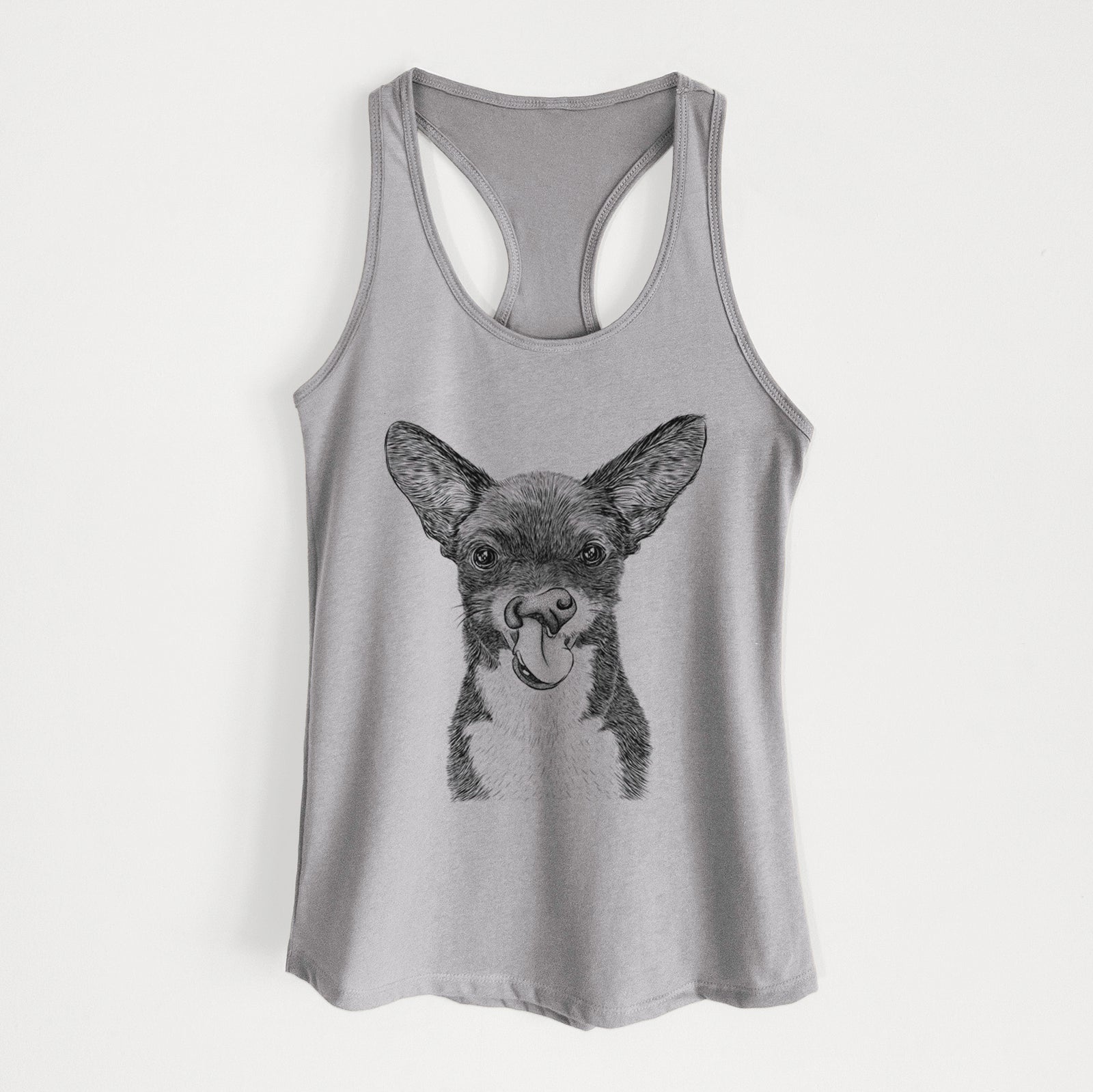 Hand-drawn sketch of Sprout the Chihuahua Mix on a Heather Grey Women's racerback tanktop