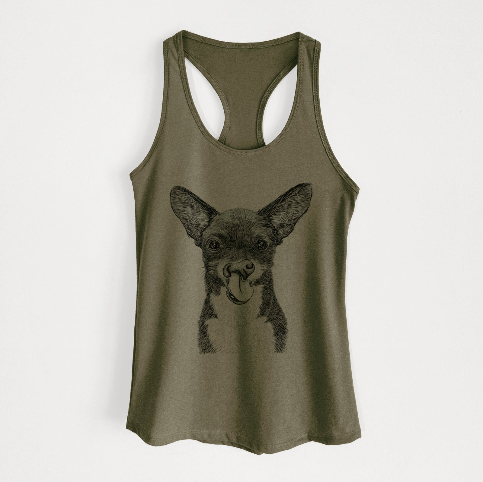 Hand-drawn sketch of Sprout the Chihuahua Mix on a Military Green Women's racerback tanktop