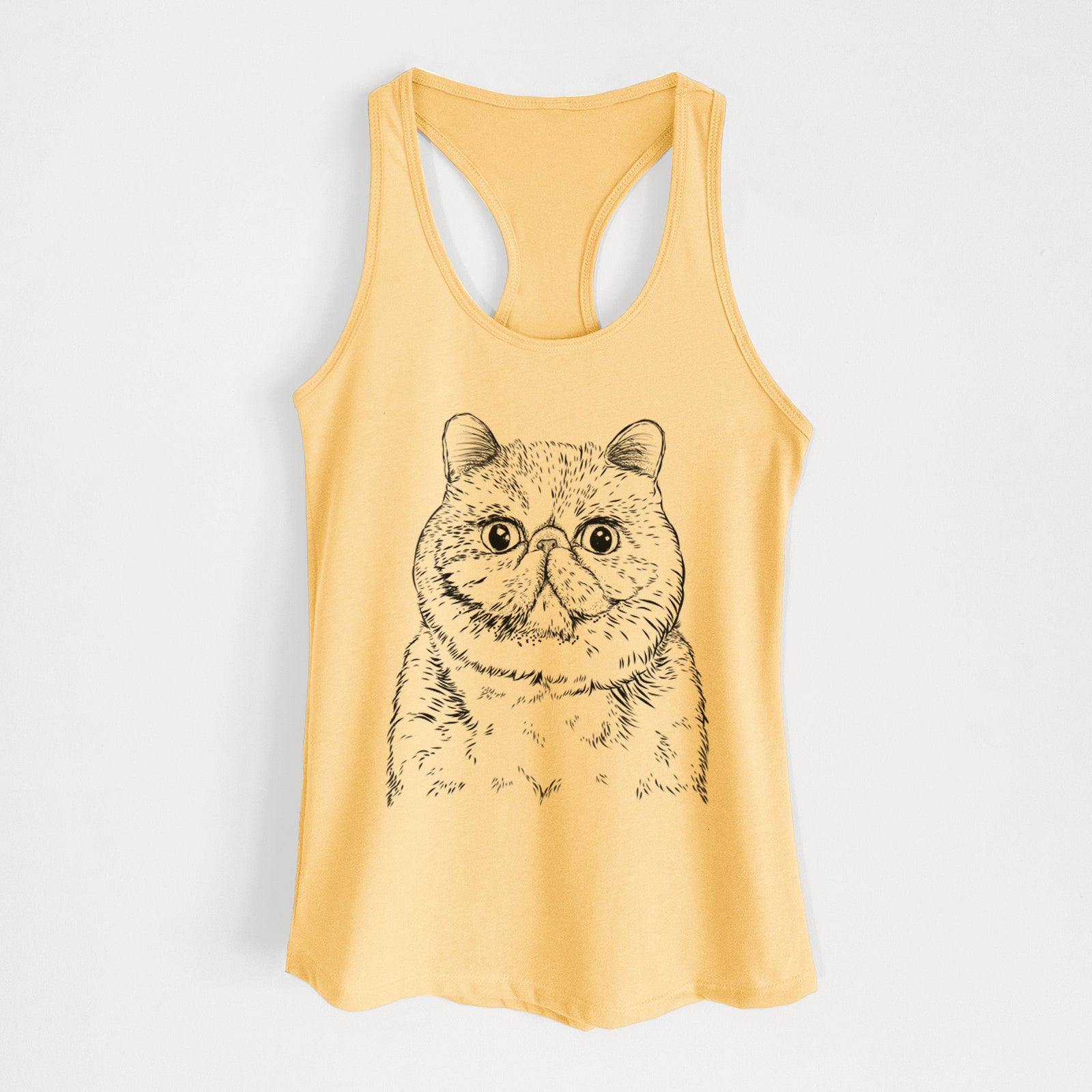Hand-drawn sketch of Squish the Exotic Shorthair Cat on a Banana Cream Women's racerback tanktop