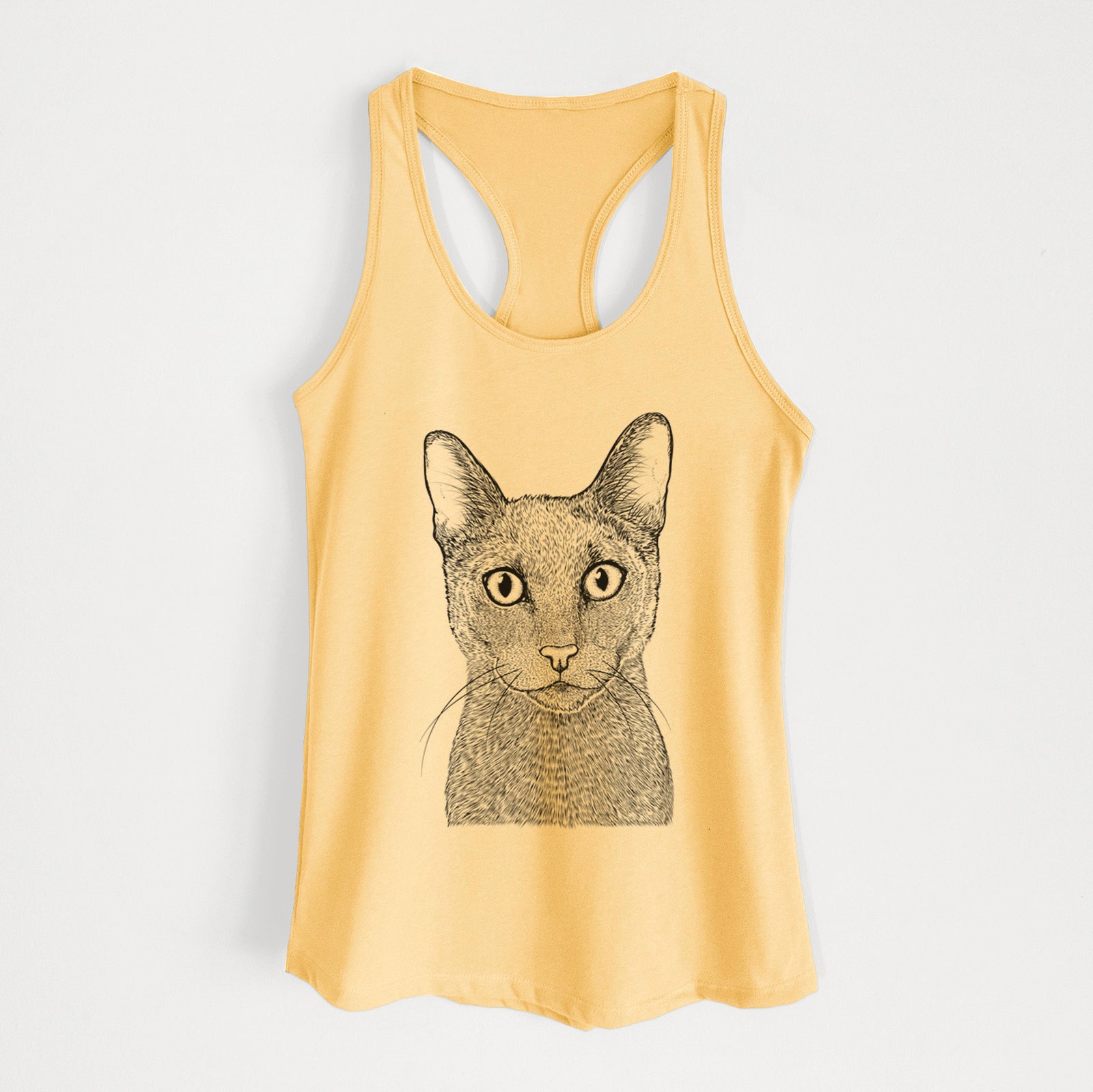 Hand-drawn sketch of Stanley the Russian Blue Cat on a Banana Cream Women's racerback tanktop