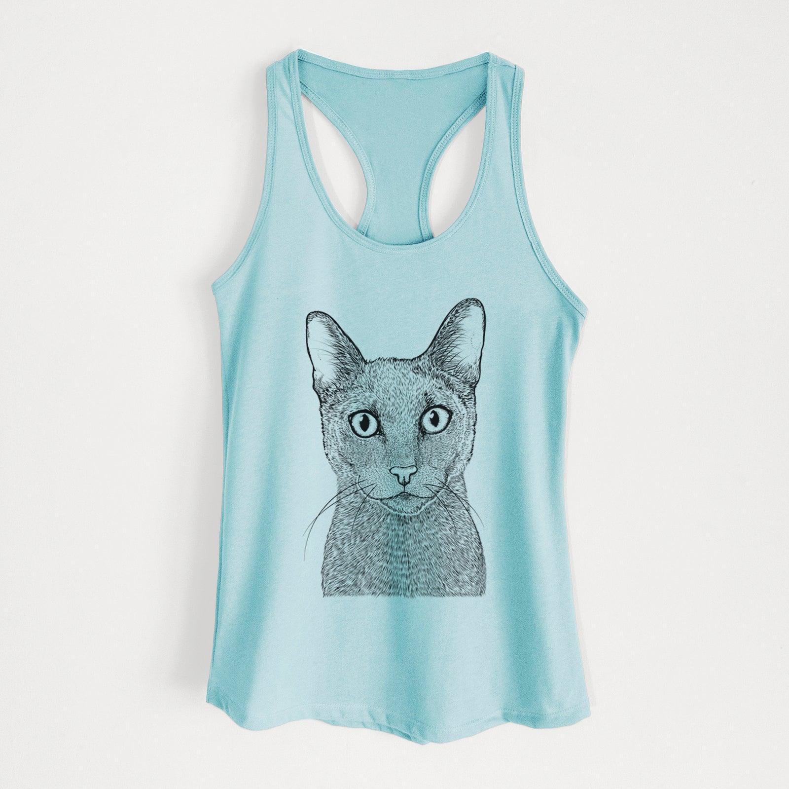 Hand-drawn sketch of Stanley the Russian Blue Cat on a Cancun Blue Women's racerback tanktop