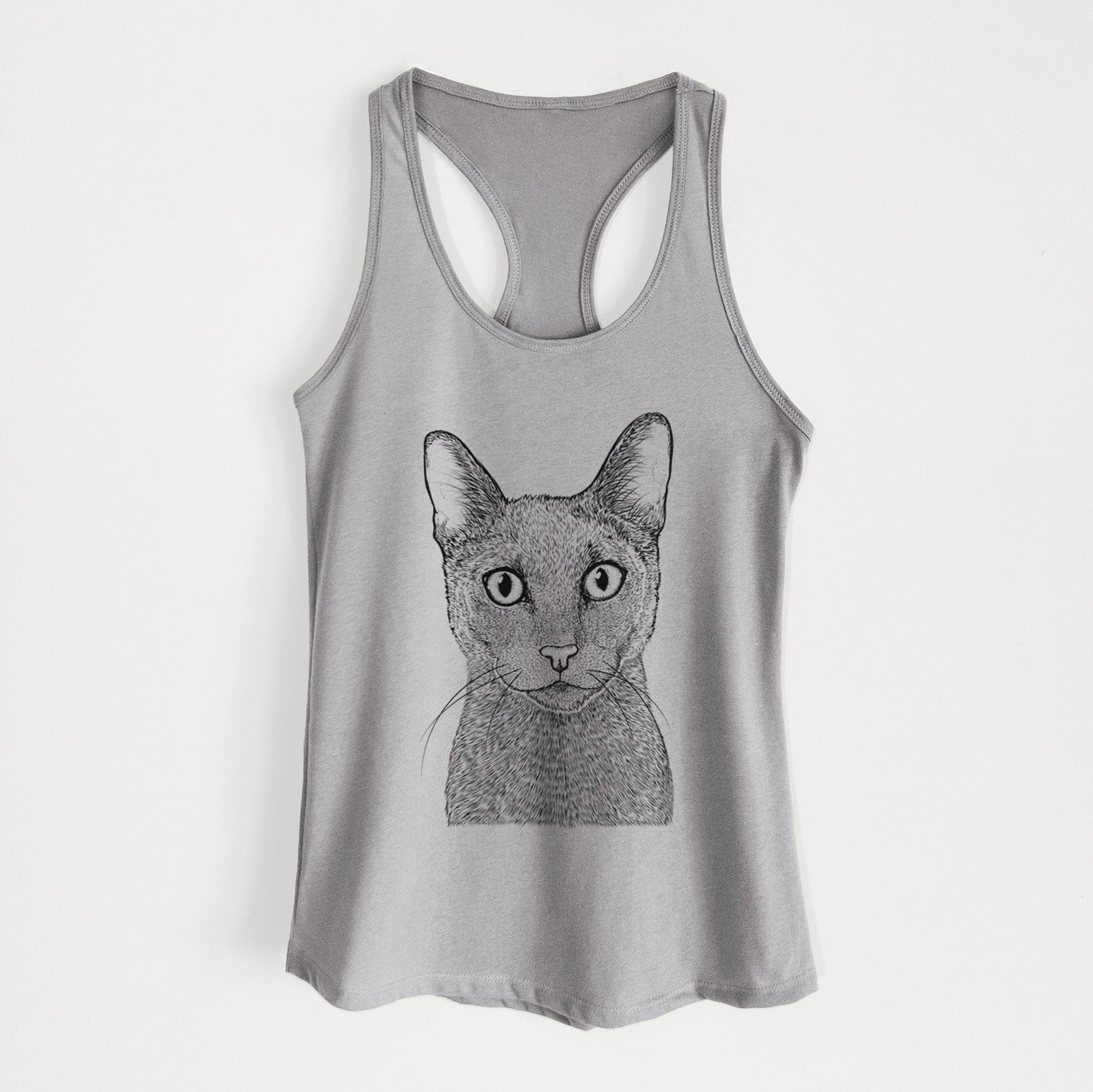 Hand-drawn sketch of Stanley the Russian Blue Cat on a Heather Grey Women's racerback tanktop