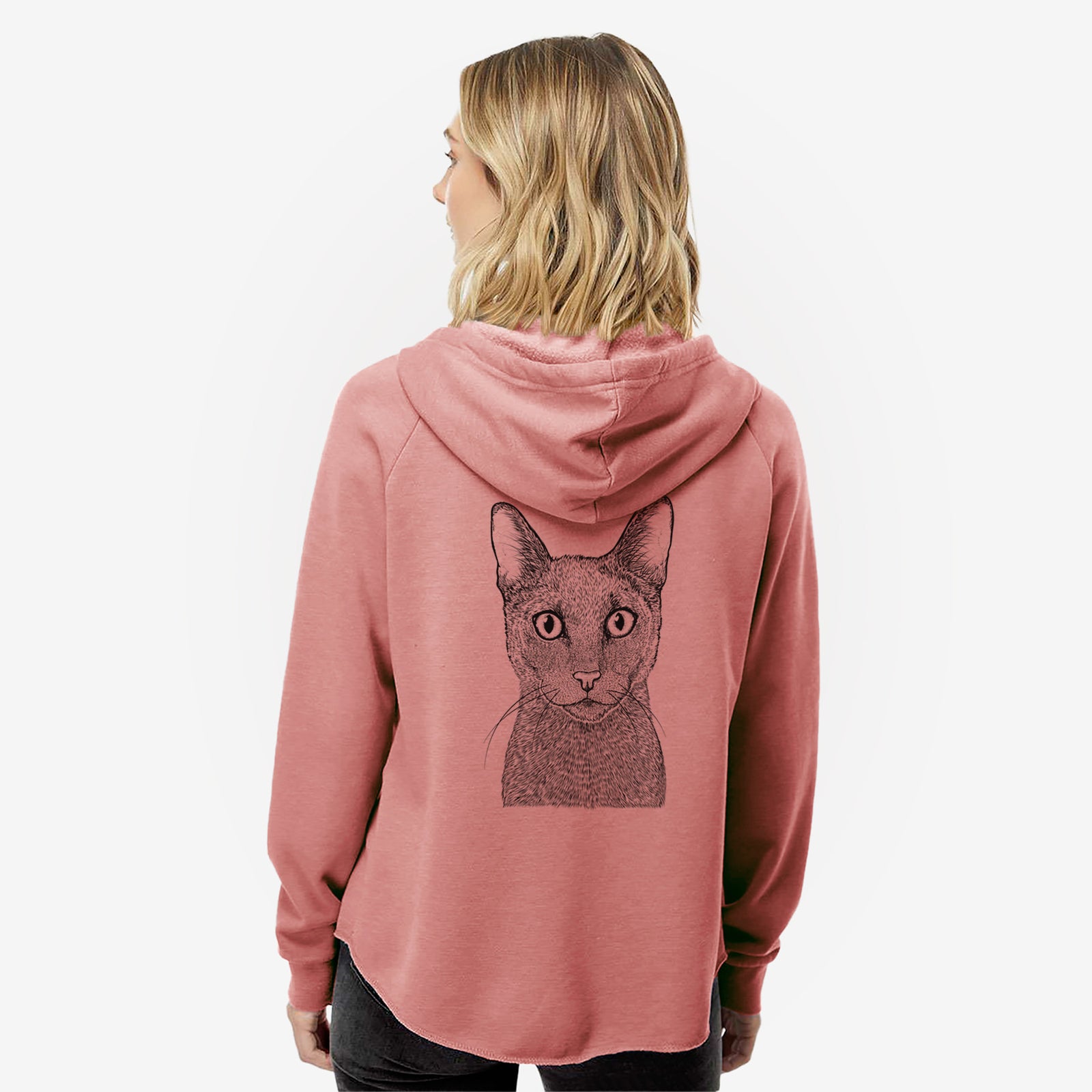 Hand-drawn sketch of Stanley the Russian Blue Cat on a Dusty Rose Women's cali wave zip-up sweatshirt