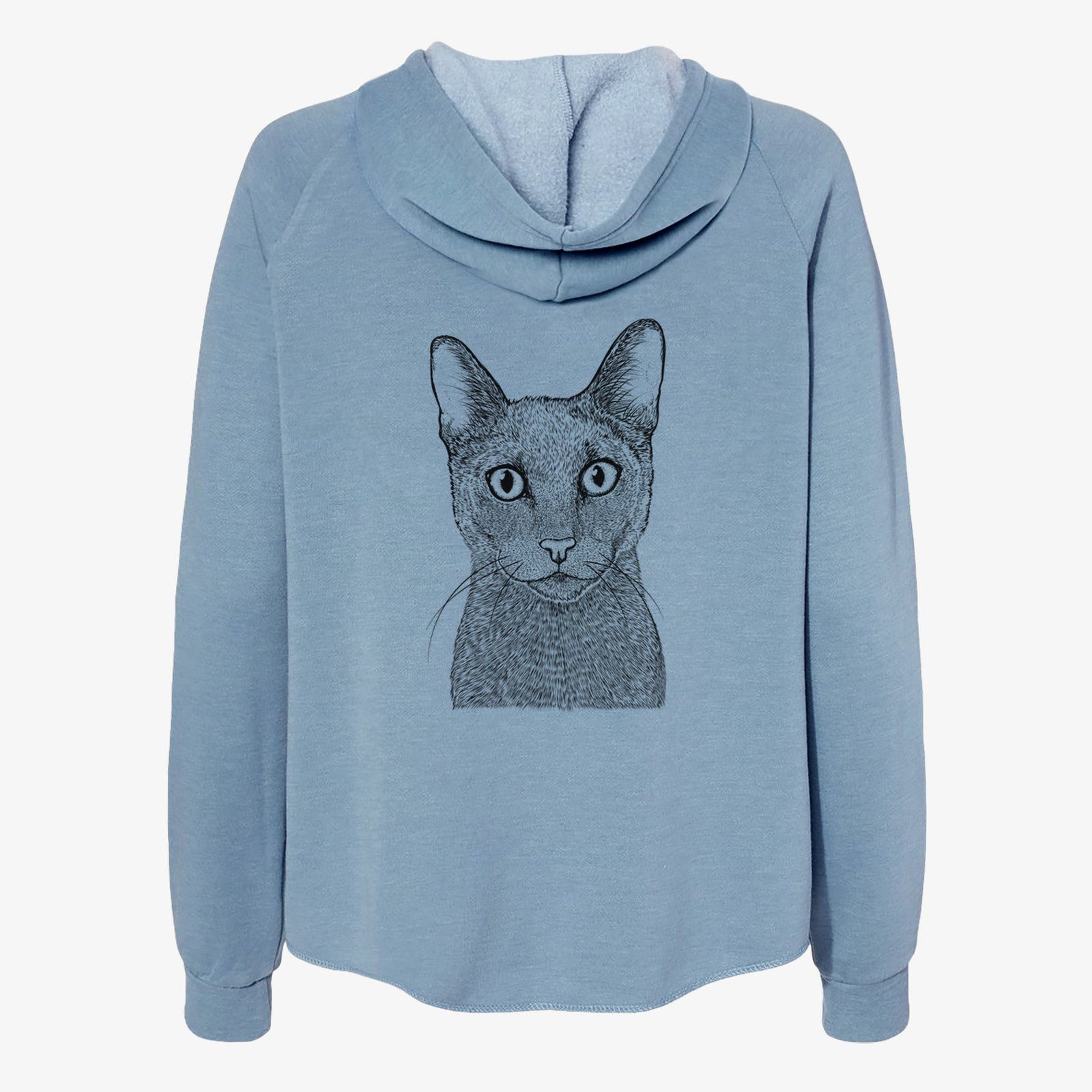 Hand-drawn sketch of Stanley the Russian Blue Cat on a Misty Blue Women's cali wave zip-up sweatshirt