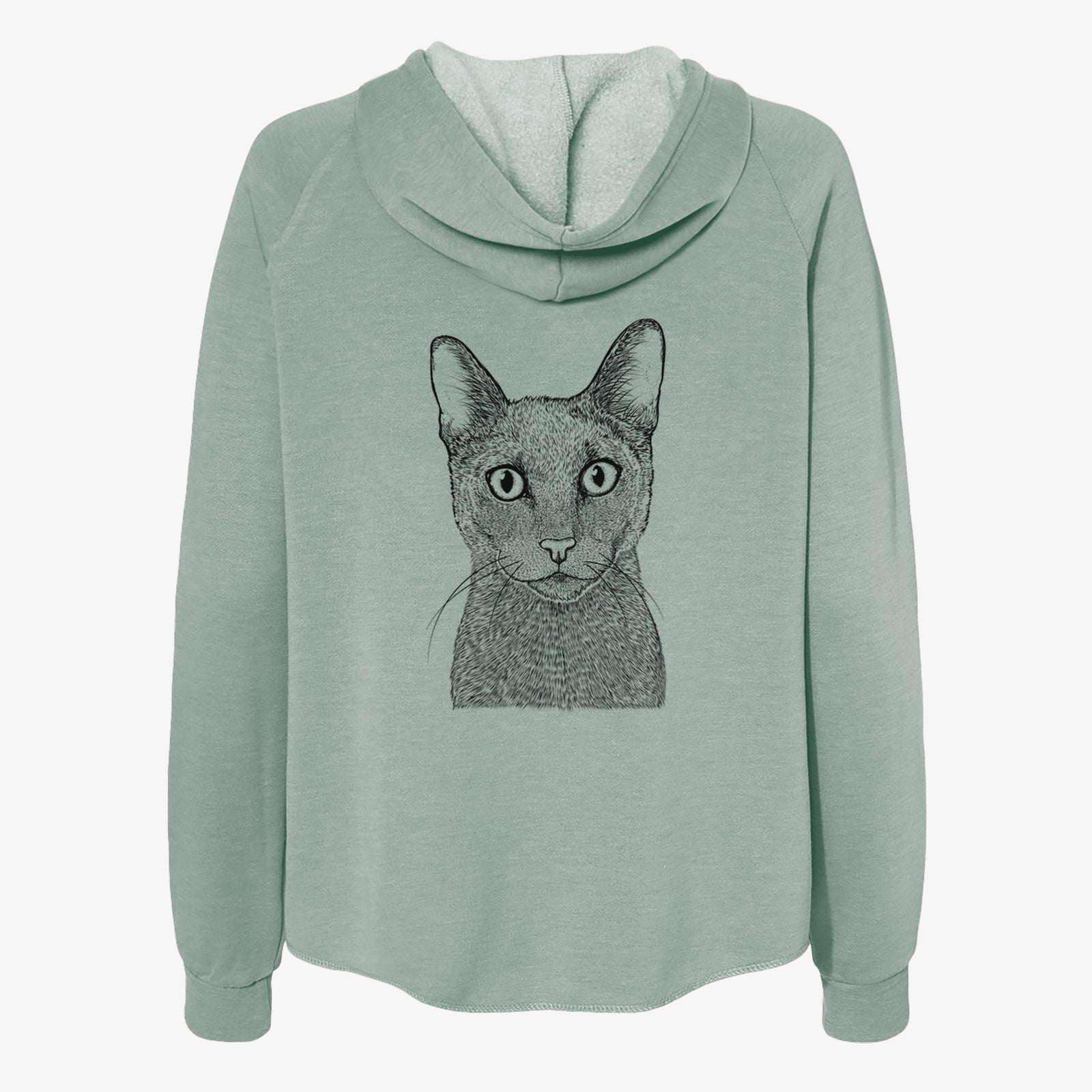 Hand-drawn sketch of Stanley the Russian Blue Cat on a Sage Women's cali wave zip-up sweatshirt