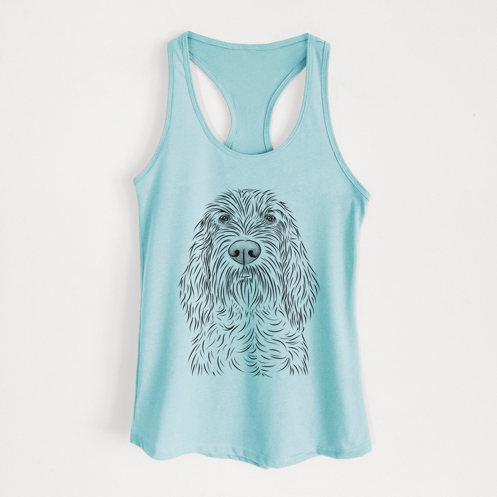 Hand-drawn sketch of Stefano the Spinone Italiano on a Cancun Blue Women's racerback tanktop
