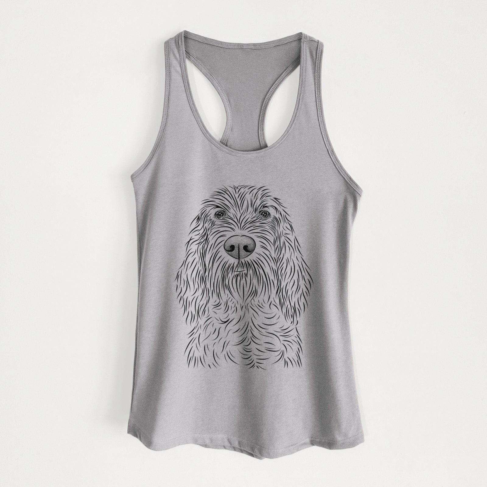 Hand-drawn sketch of Stefano the Spinone Italiano on a Heather Grey Women's racerback tanktop