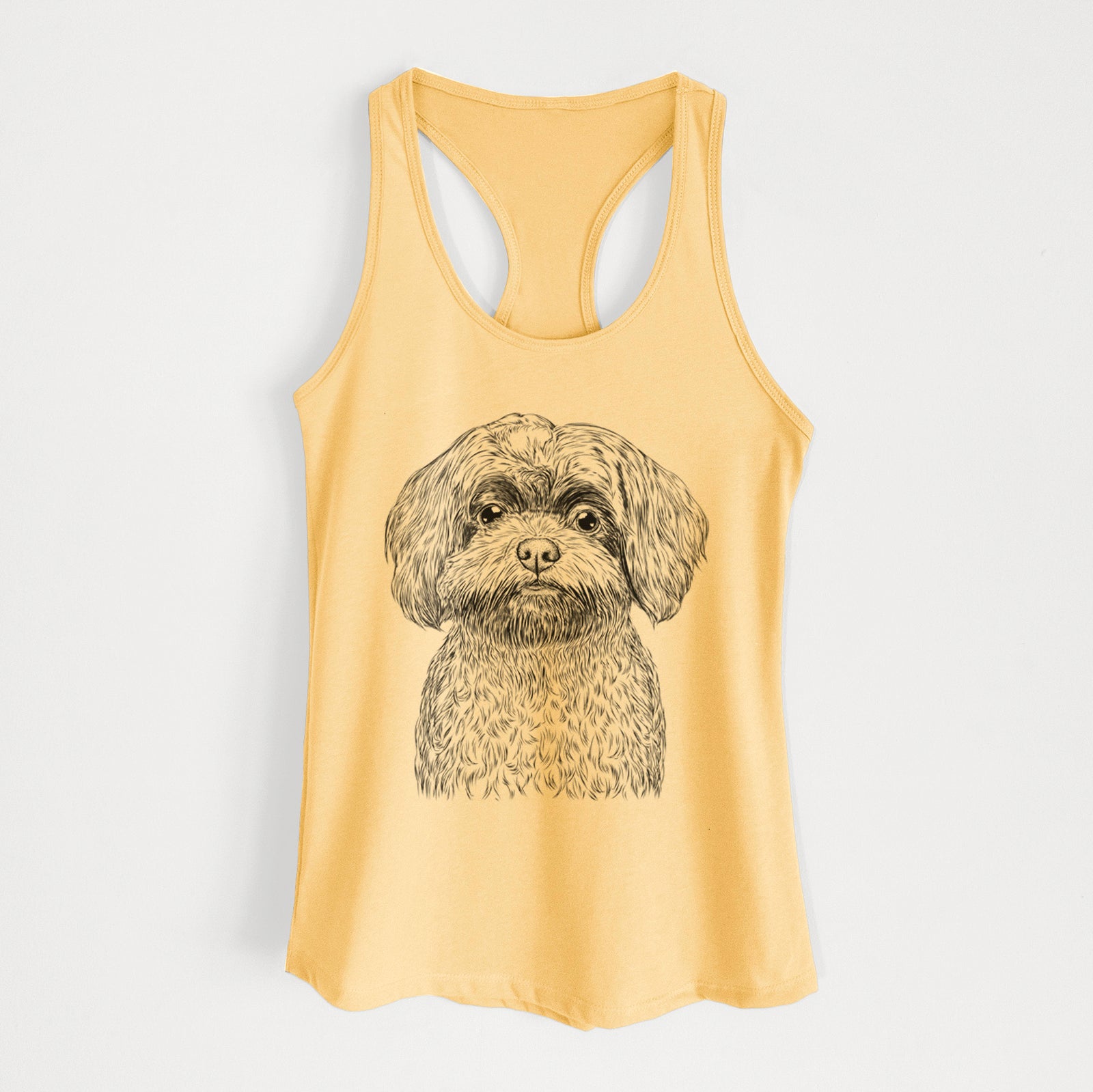 Hand-drawn sketch of Stella the Shih Tzu Mix on a Banana Cream Women's racerback tanktop