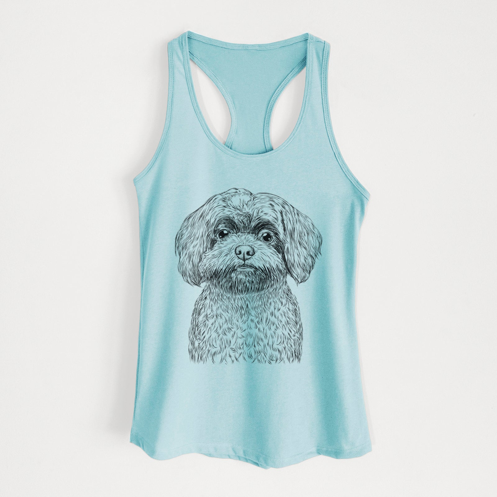 Hand-drawn sketch of Stella the Shih Tzu Mix on a Cancun Blue Women's racerback tanktop