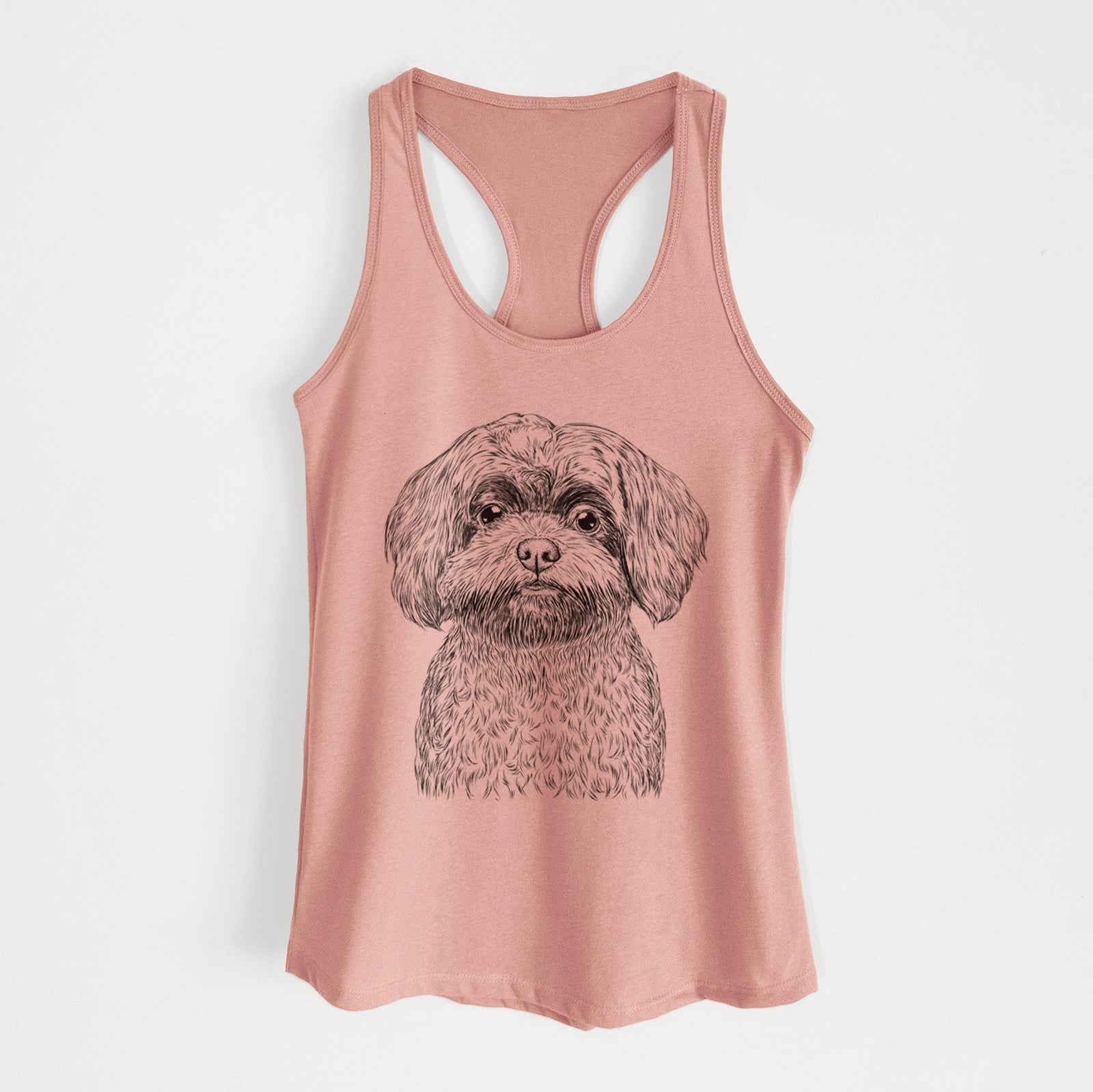 Hand-drawn sketch of Stella the Shih Tzu Mix on a Desert Pink Women's racerback tanktop