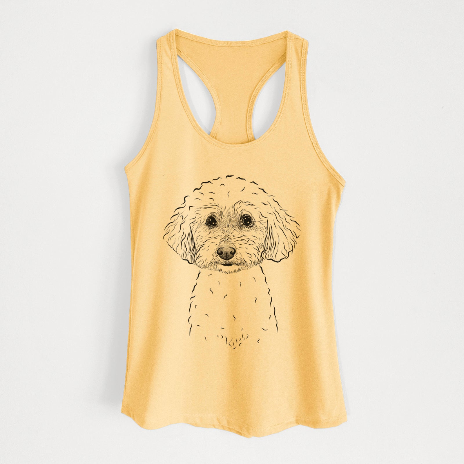 Hand-drawn sketch of Stitch the Bichonpoo on a Banana Cream Women's racerback tanktop
