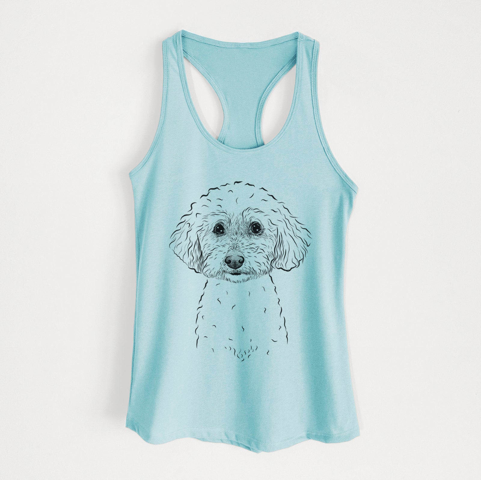 Hand-drawn sketch of Stitch the Bichonpoo on a Cancun Blue Women's racerback tanktop