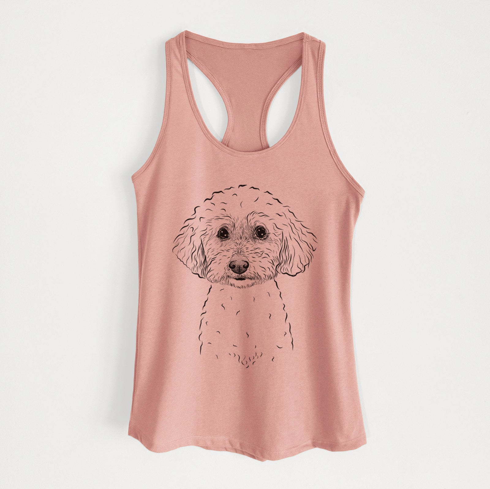 Hand-drawn sketch of Stitch the Bichonpoo on a Desert Pink Women's racerback tanktop