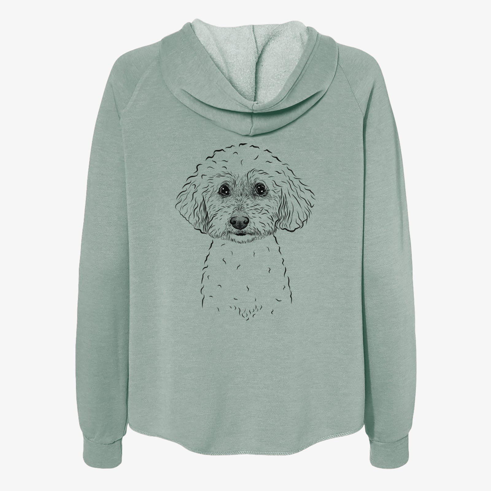 Hand-drawn sketch of Stitch the Bichonpoo on a Sage Women's cali wave zip-up sweatshirt