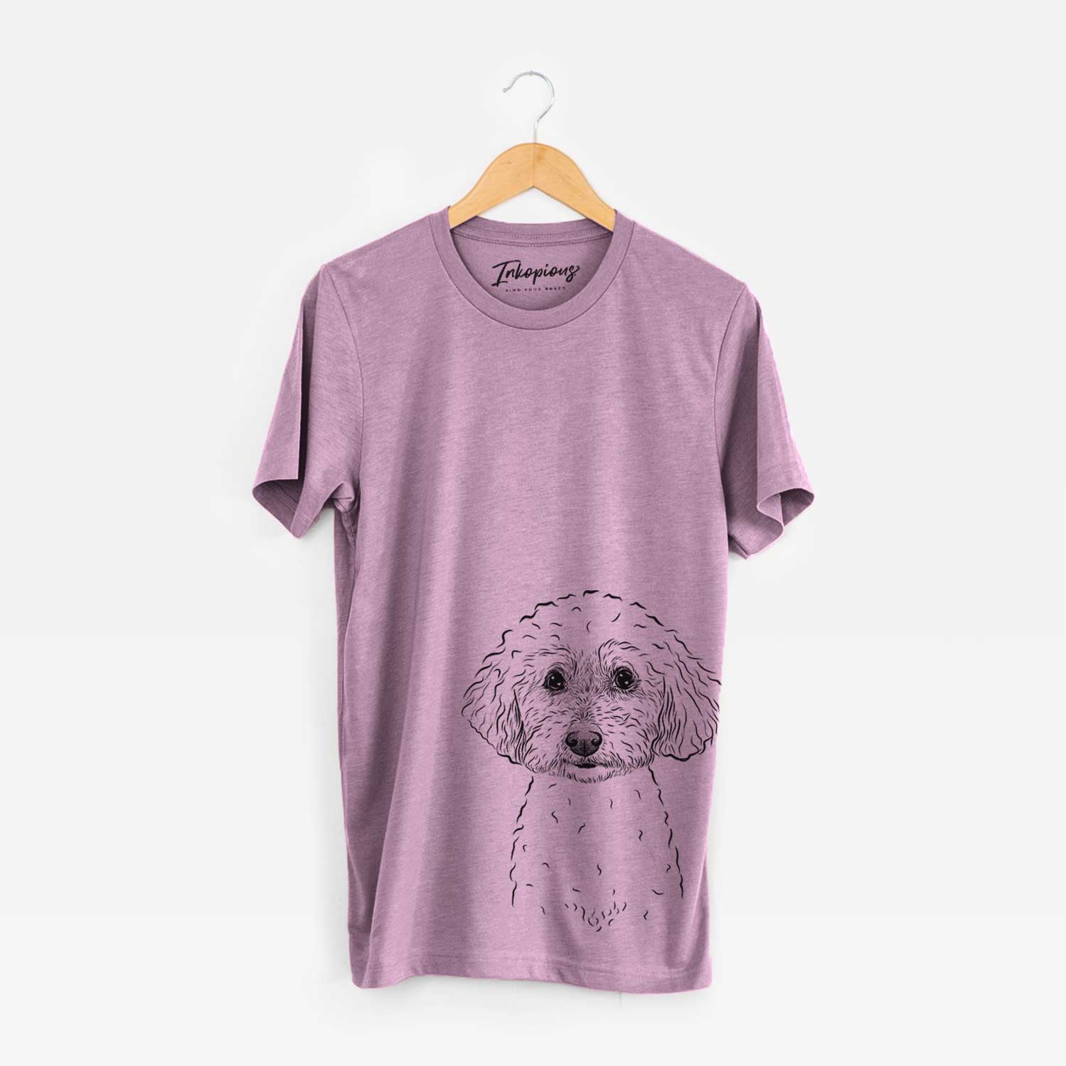 Hand-drawn sketch of Stitch the Bichonpoo on an Orchid Bella Canvas Unisex Crewneck
