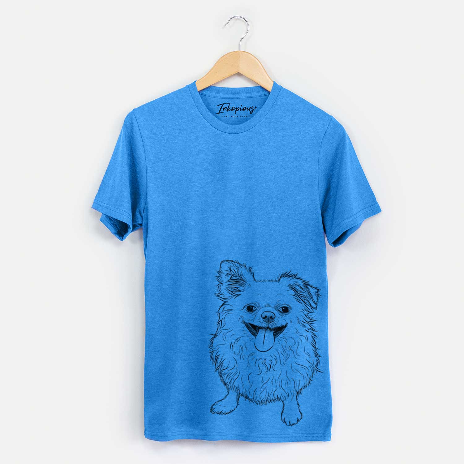 Hand-drawn sketch of Stuart the Longhaired Chihuahua on a Blue Unisex crewneck