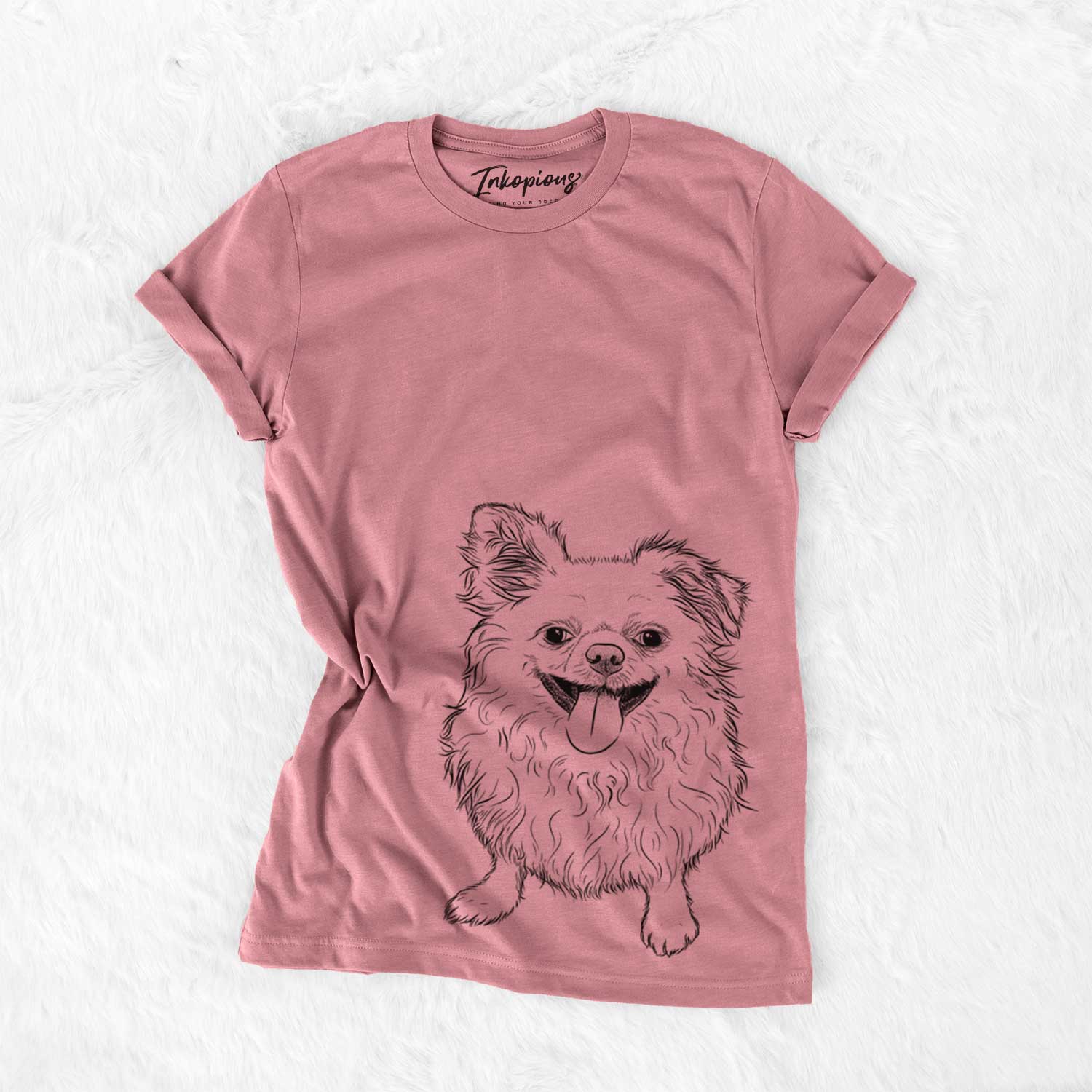 Hand-drawn sketch of Stuart the Longhaired Chihuahua on a Mauve Unisex crewneck