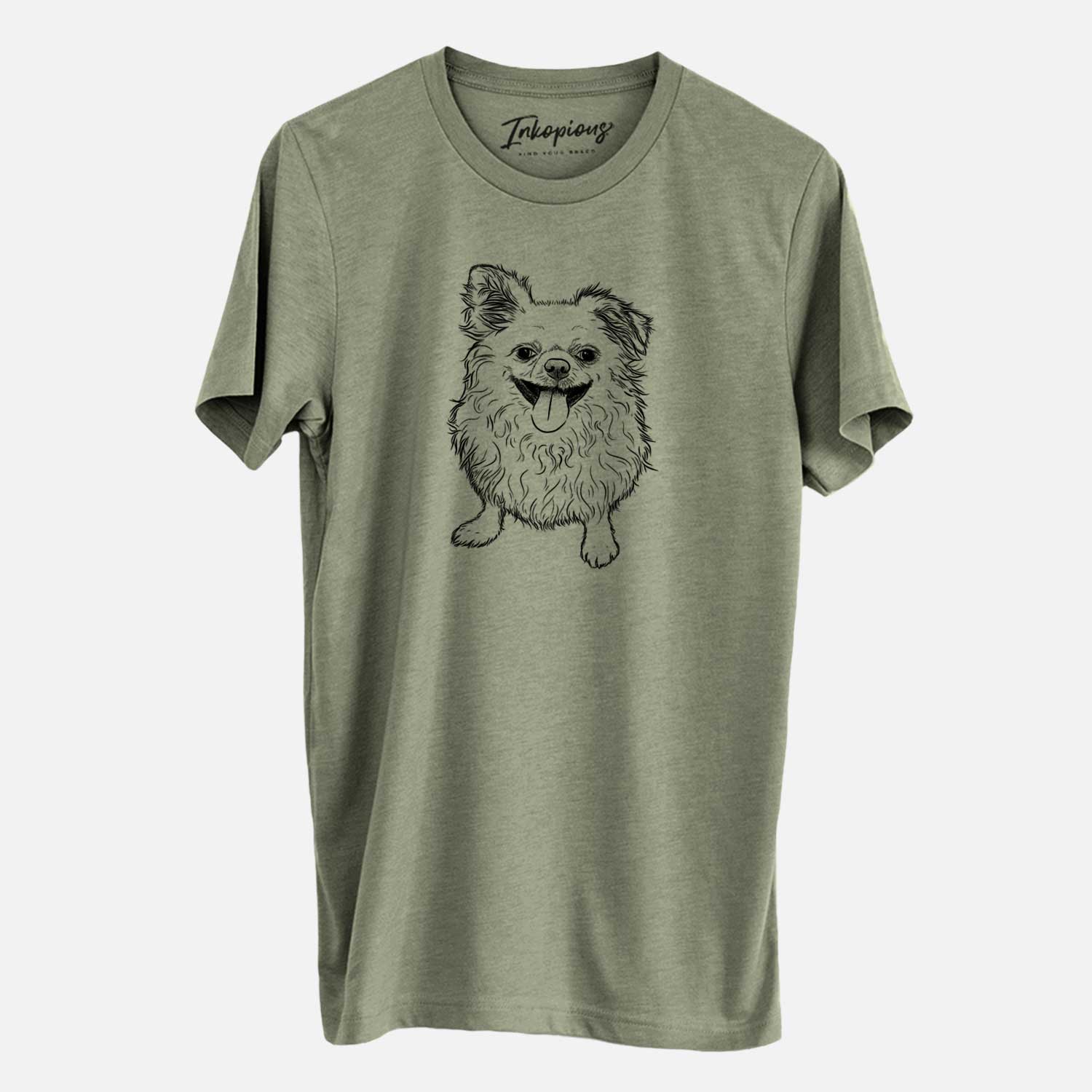 Hand-drawn sketch of Stuart the Longhaired Chihuahua on an Olive Unisex crewneck